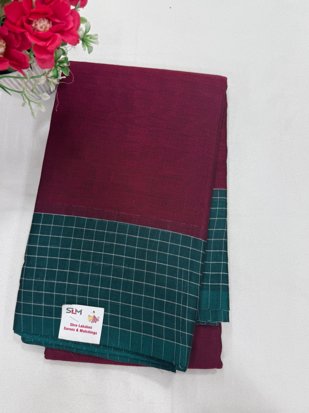 Silk Cotton Saree - Maroon with Teal Checks