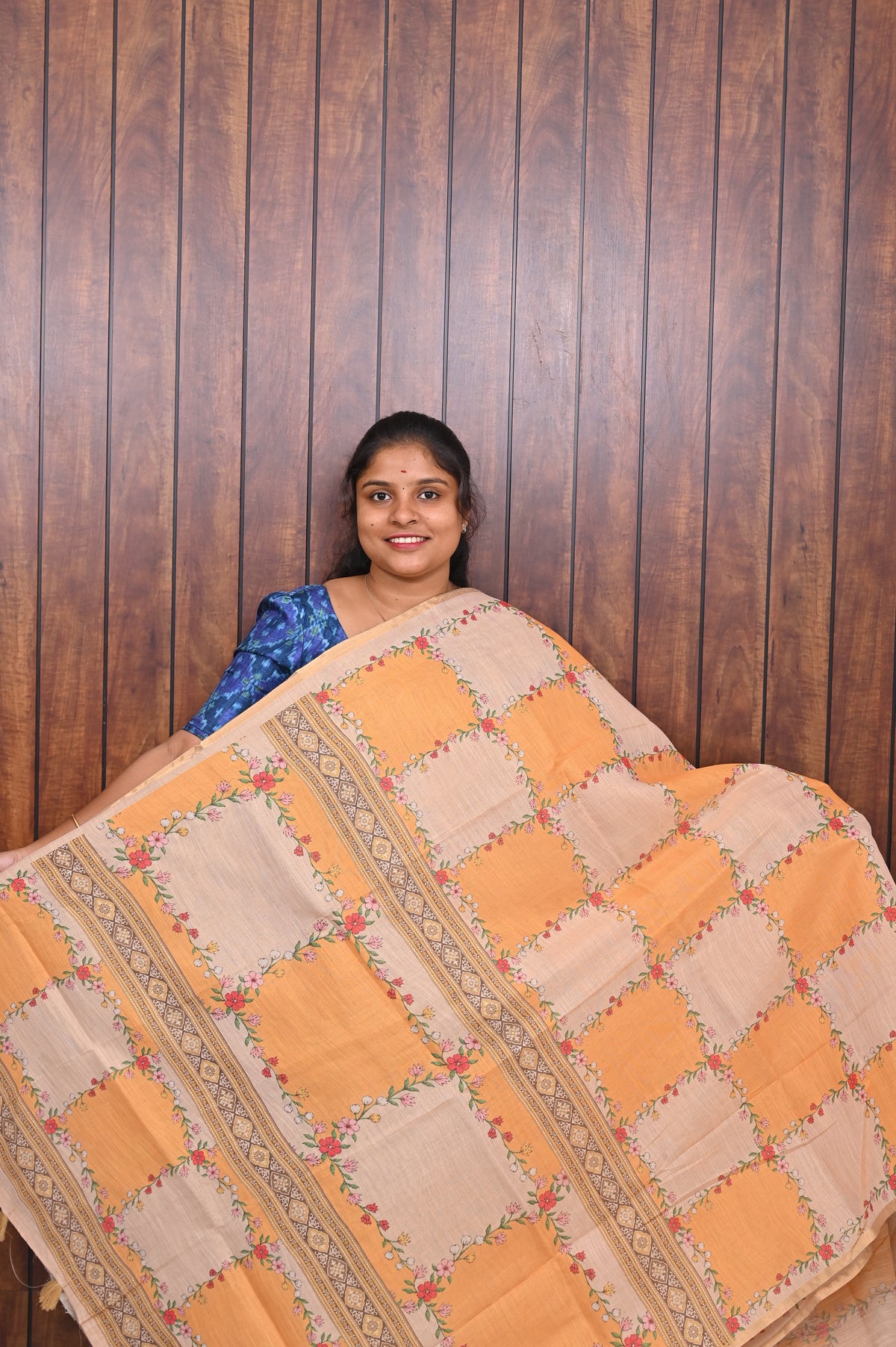 Budget Friendly Saree SLM-BFR-0002 - Peach and mustard patchwork pattern - front view