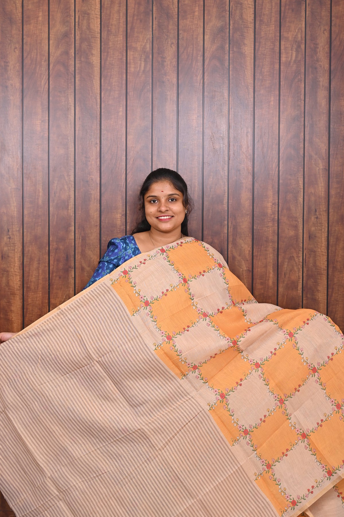 Budget Friendly Saree SLM-BFR-0002 - Peach and mustard patchwork pattern - second view