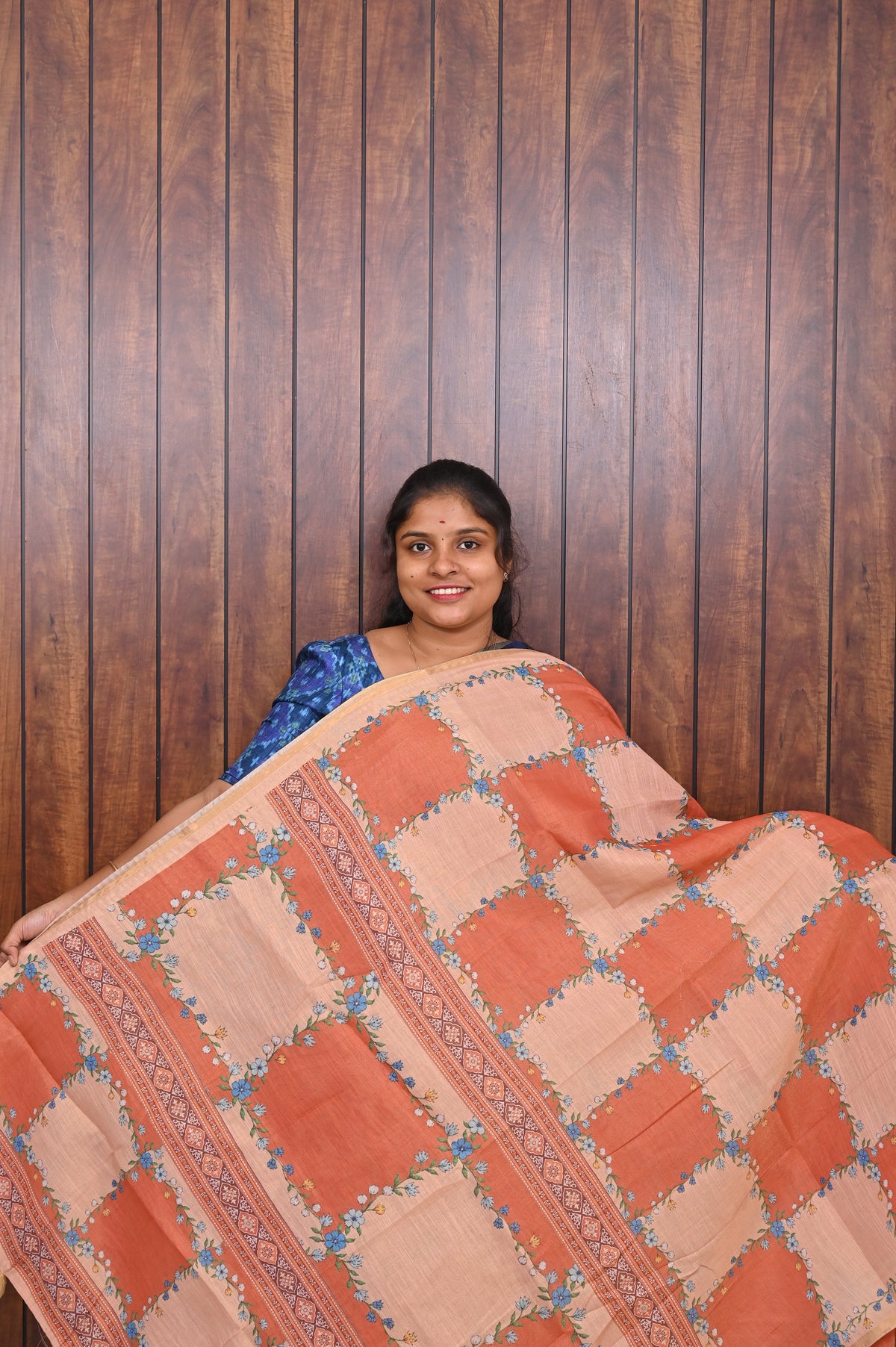 Budget Friendly Saree SLM-BFR-0006 - Peach orange patchwork pattern - front view