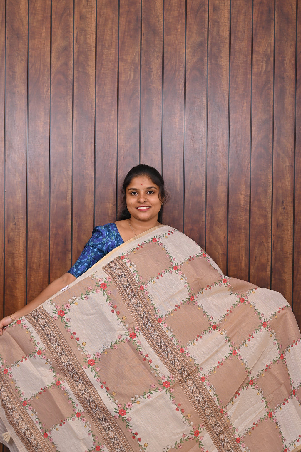 Budget Friendly Saree SLM-BFR-0007 - Beige patchwork pattern - front view