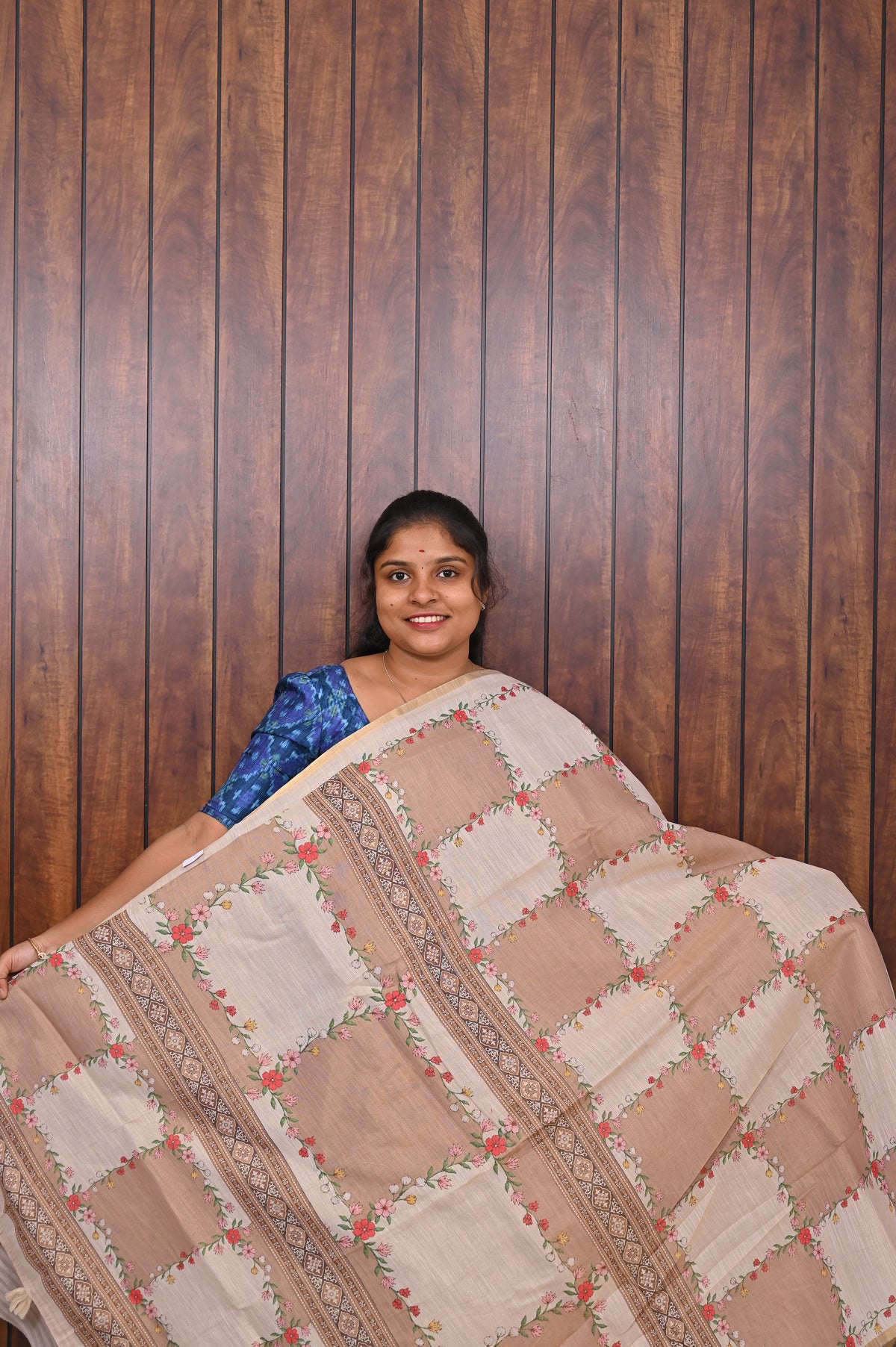 Budget Friendly Saree SLM-BFR-0007 - Beige patchwork pattern - front view