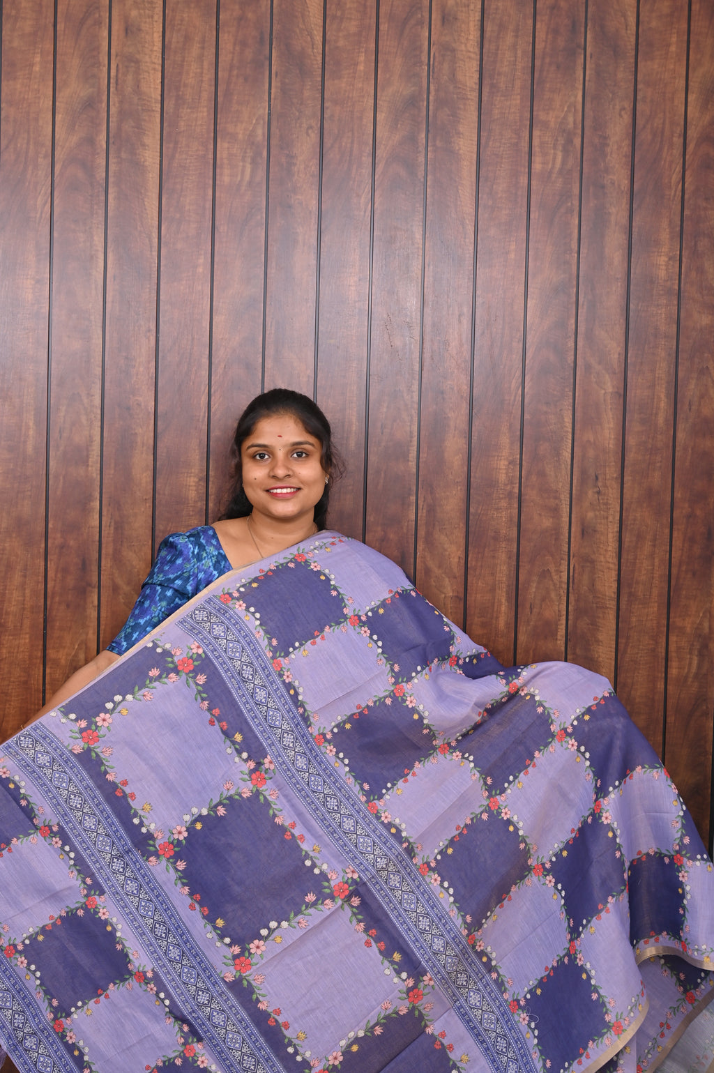 Budget Friendly Saree SLM-BFR-0008 - Lavender and navy patchwork pattern - front view