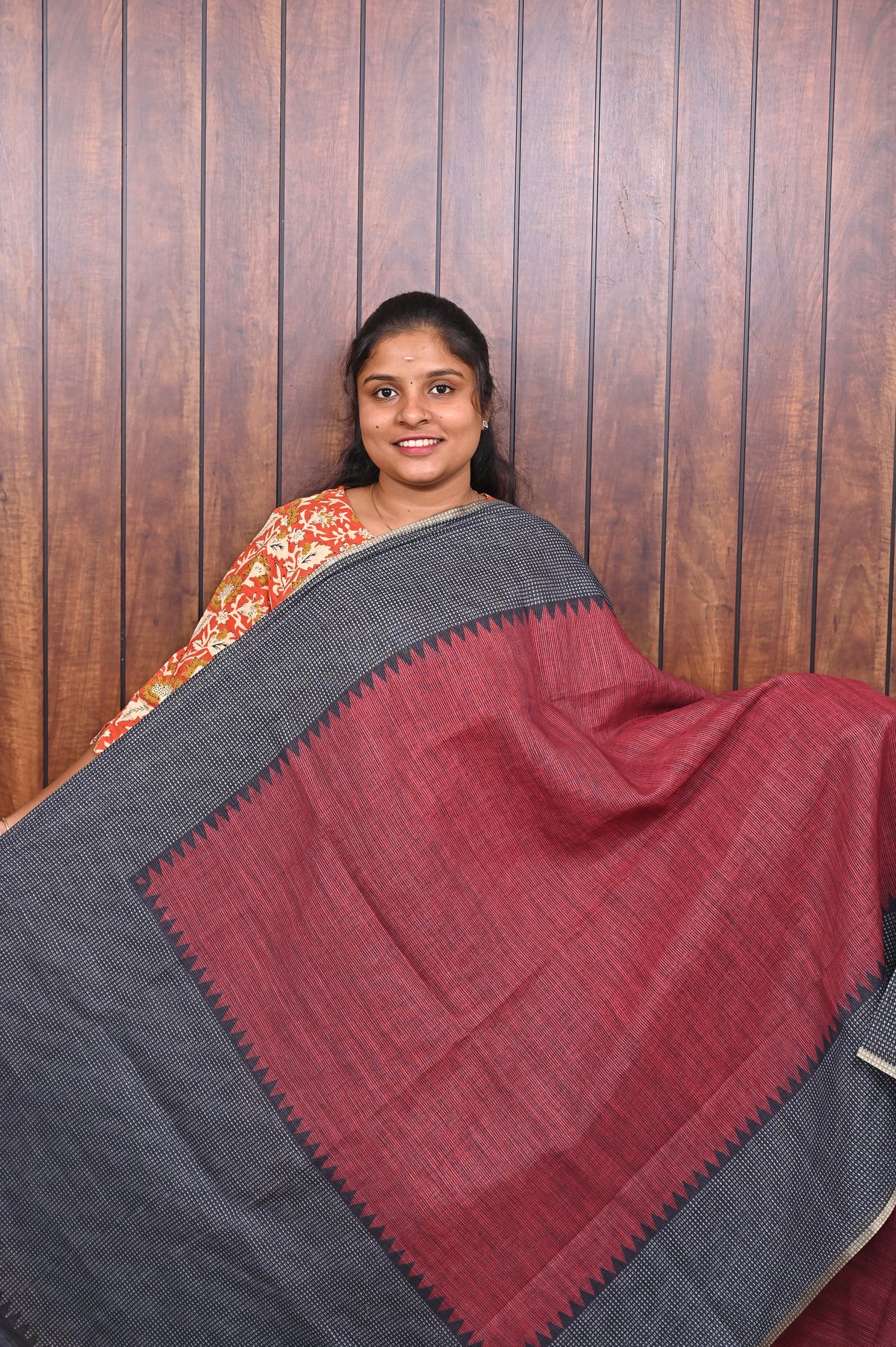 Budget Friendly Saree SLM-BFR-0011 - Maroon red with a grey border - front view