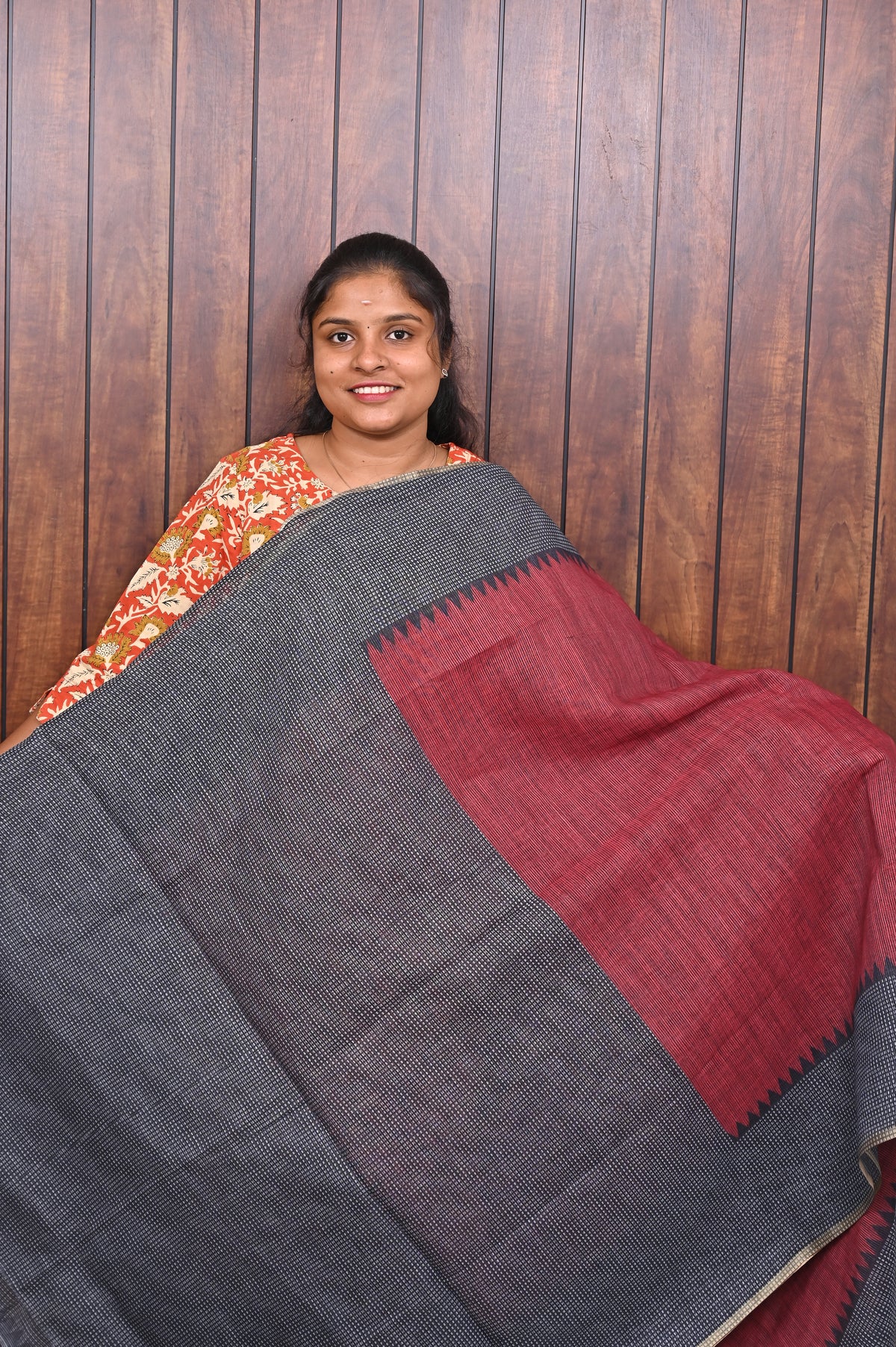Budget Friendly Saree SLM-BFR-0011 - Maroon red with a grey border - second view