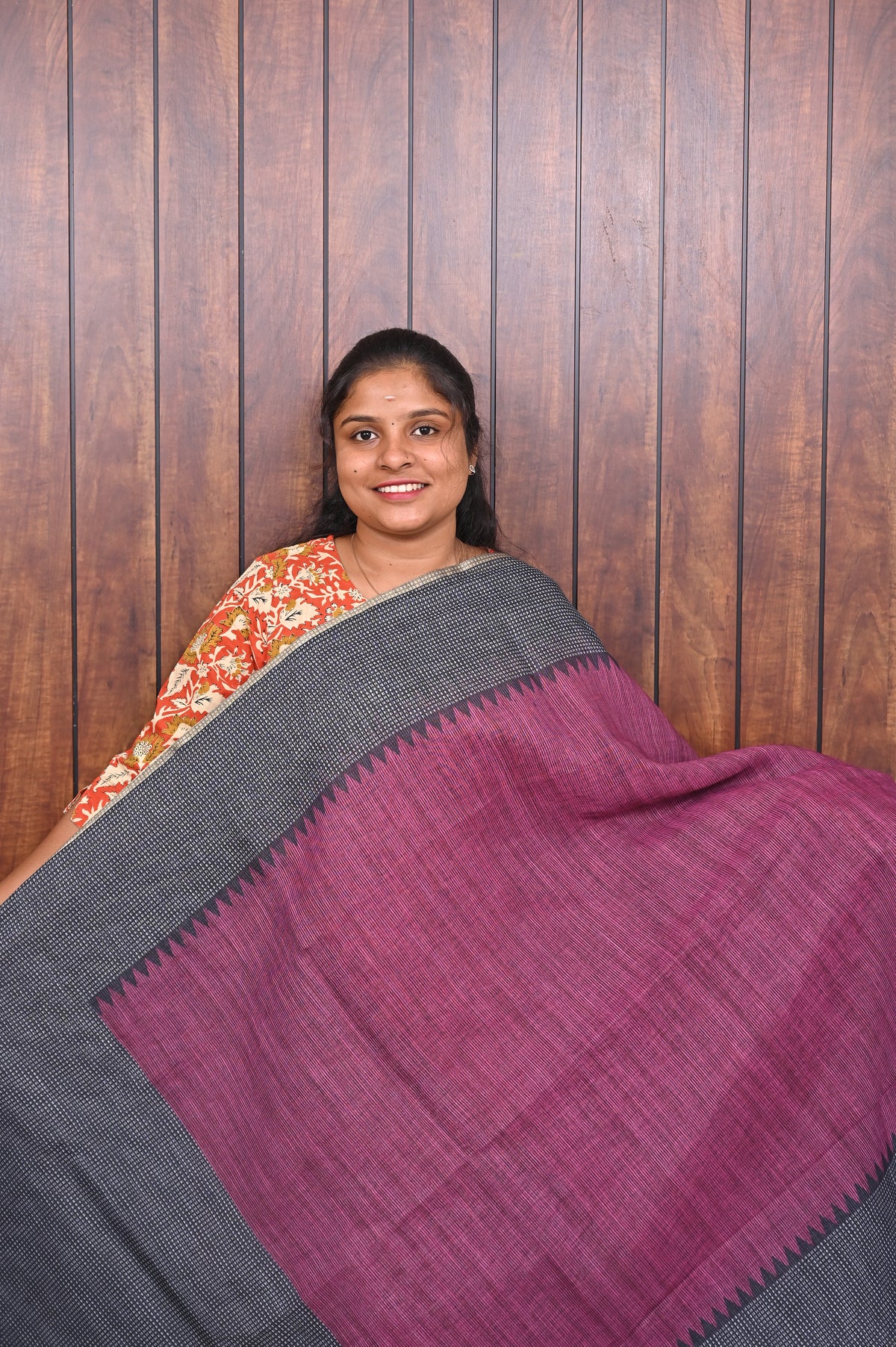 Budget Friendly Saree SLM-BFR-0012 - Magenta with a grey border - front view