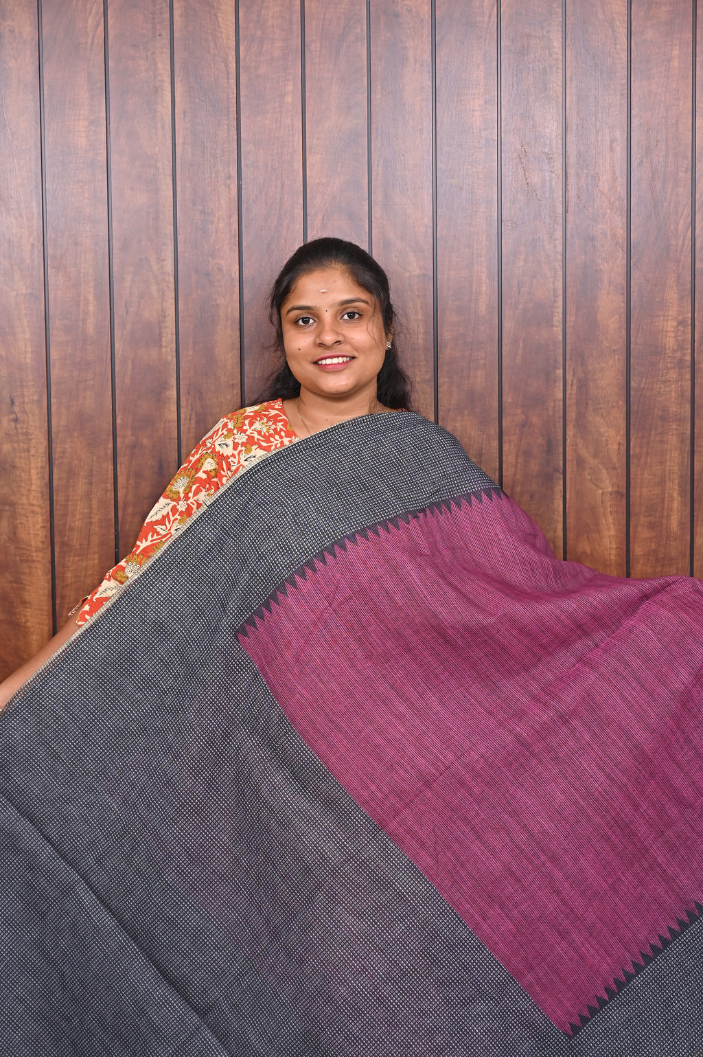 Budget Friendly Saree SLM-BFR-0012 - Magenta with a grey border - second view