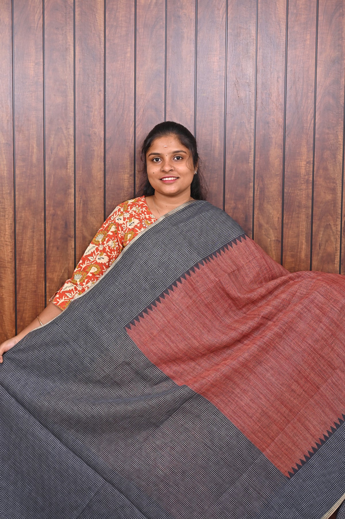 Budget Friendly Saree SLM-BFR-0013 - Coral with a grey border - second view