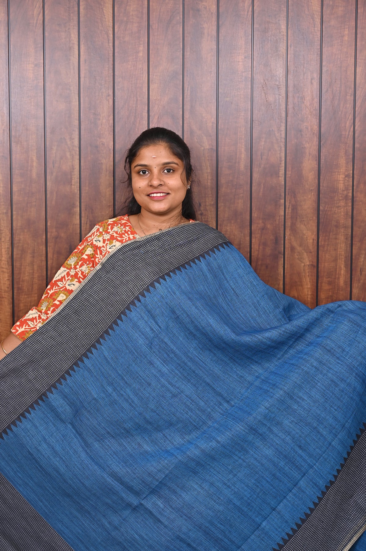 Budget Friendly Saree SLM-BFR-0014 - Blue with a grey border - front view