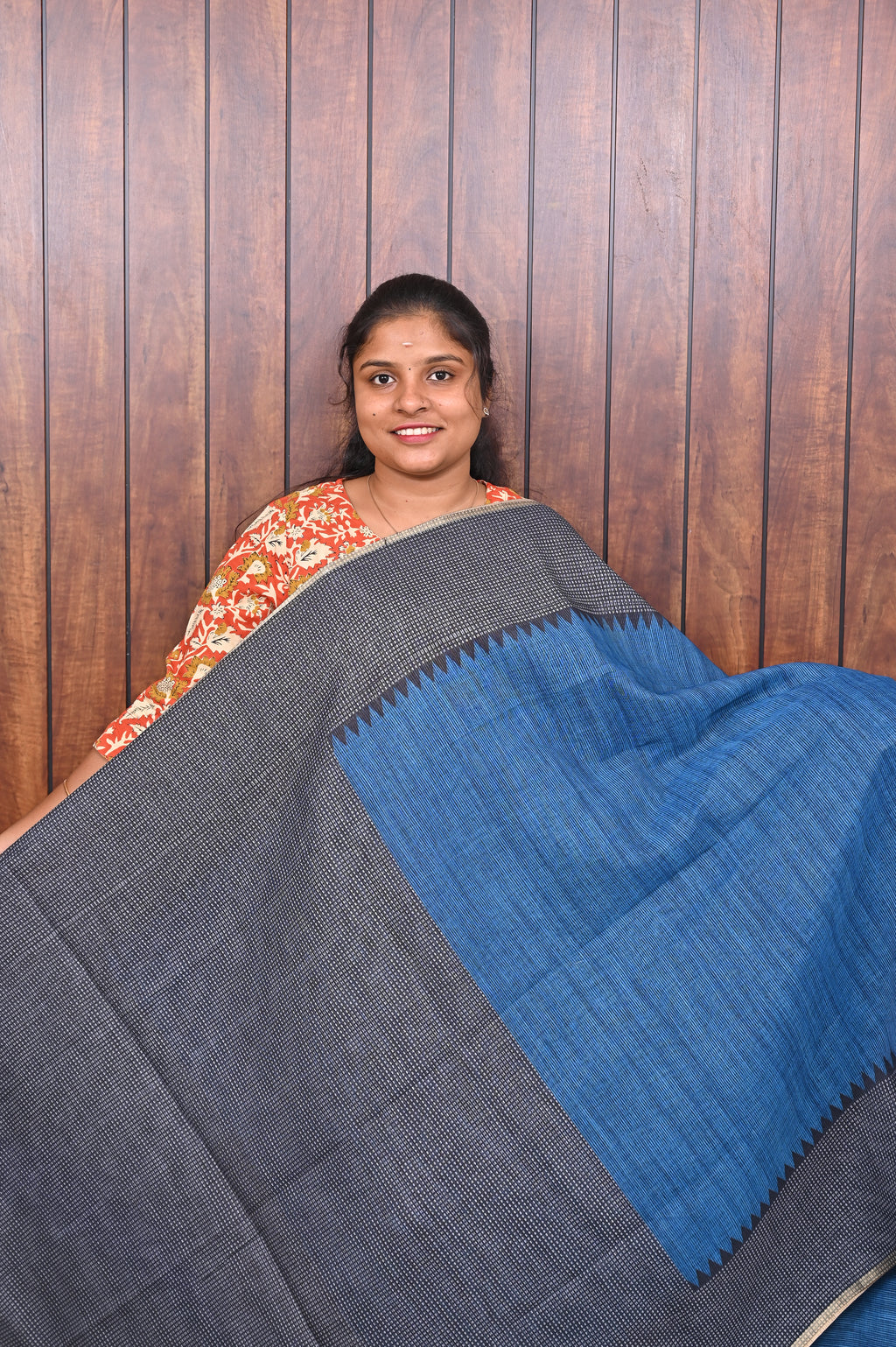Budget Friendly Saree SLM-BFR-0014 - Blue with a grey border - second view
