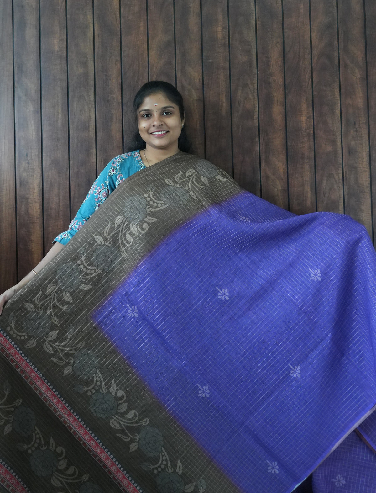 Budget Friendly Saree SLM-BFR-0019 - Royal blue with a charcoal floral border - front view
