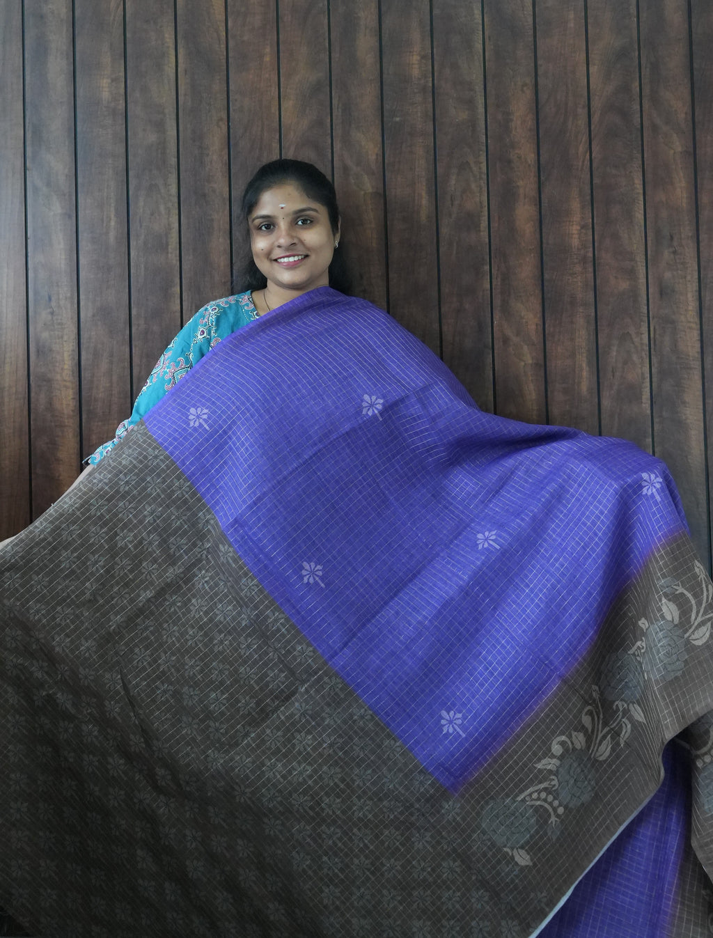 Budget Friendly Saree SLM-BFR-0019 - Royal blue with a charcoal floral border - second view