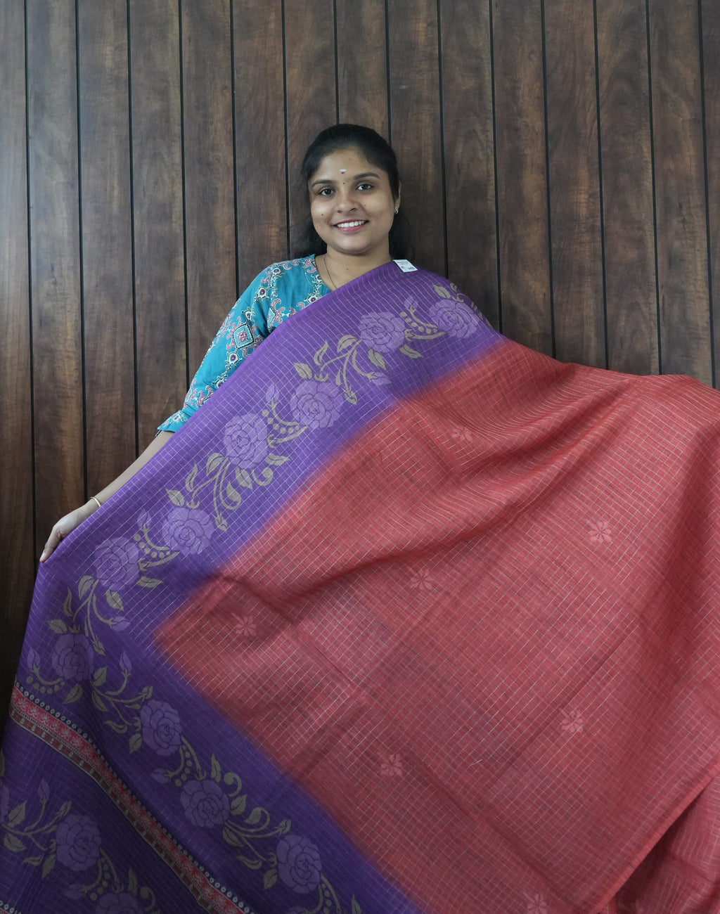 Budget Friendly Saree SLM-BFR-0021 - Coral red with a purple floral border - front view