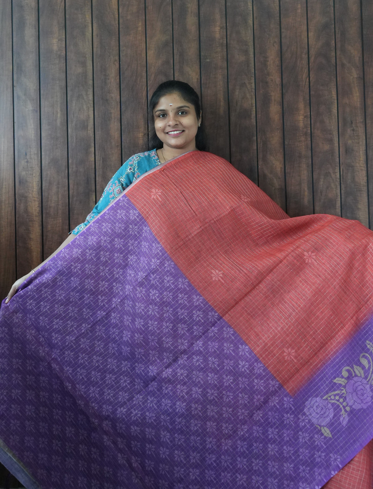 Budget Friendly Saree SLM-BFR-0021 - Coral red with a purple floral border - second view