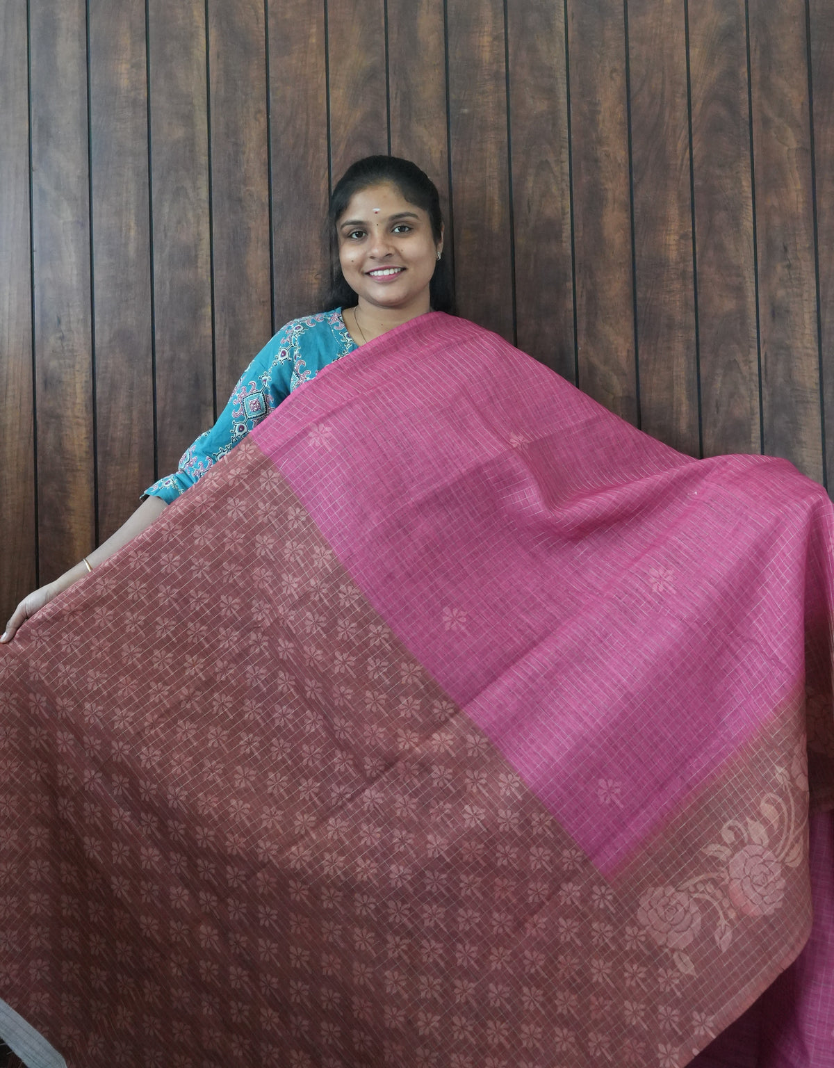Budget Friendly Saree SLM-BFR-0022 - Rani pink with a brown floral border - second view