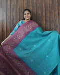 Budget Friendly Saree SLM-BFR-0023 - Teal with a maroon floral border - front view