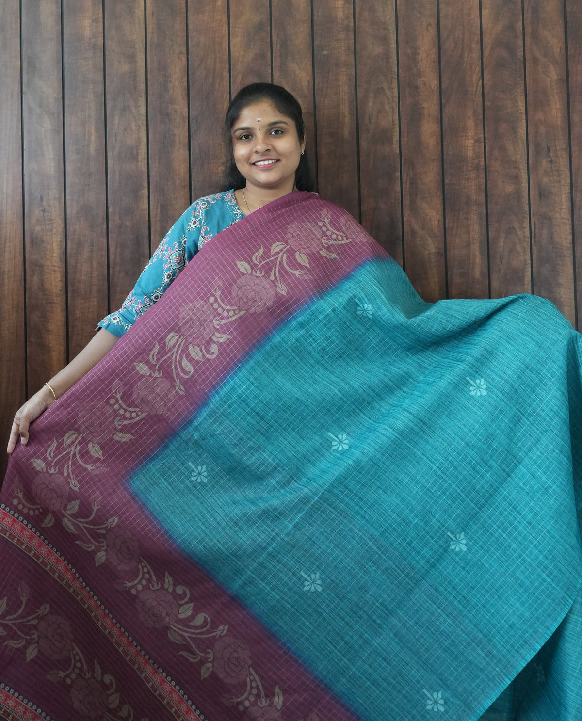 Budget Friendly Saree SLM-BFR-0023 - Teal with a maroon floral border - front view