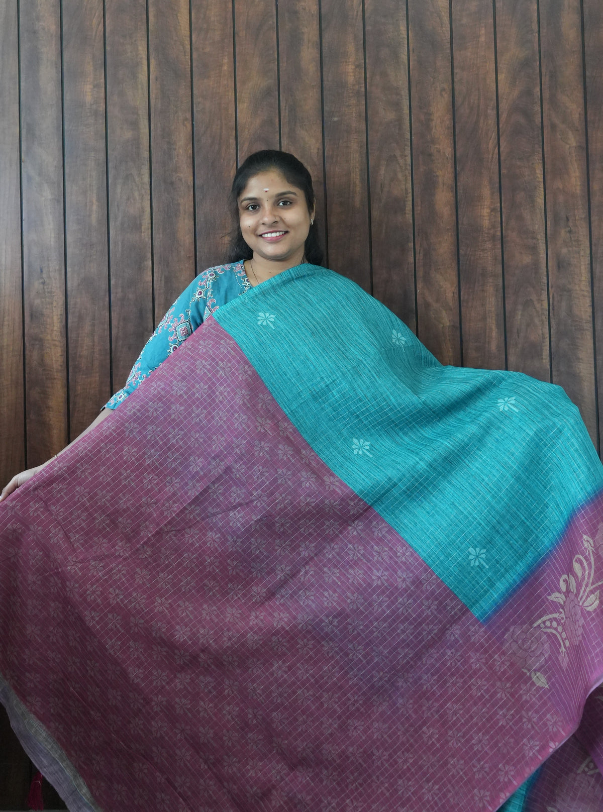 Budget Friendly Saree SLM-BFR-0023 - Teal with a maroon floral border - second view