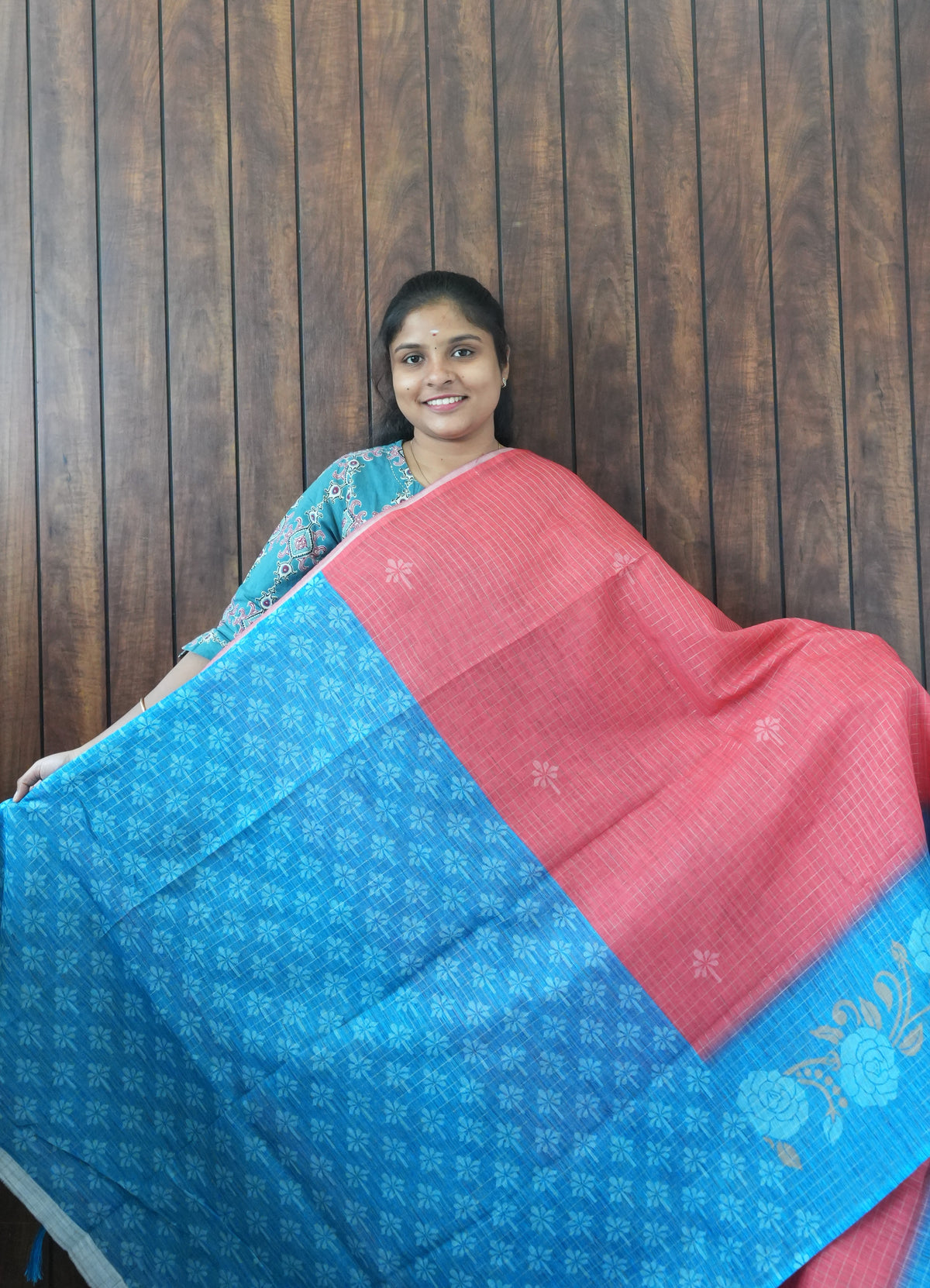 Budget Friendly Saree SLM-BFR-0024 - Coral pink with a turquoise floral border - second view