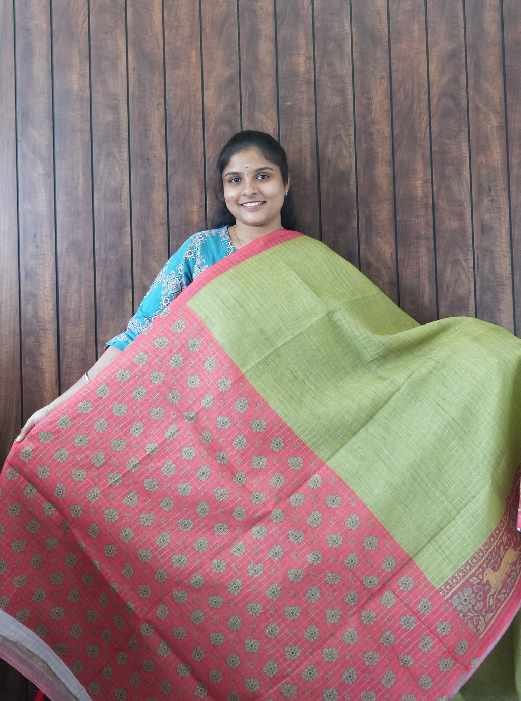 Budget Friendly Saree SLM-BFR-0025 - Pista green with a red printed border - second view