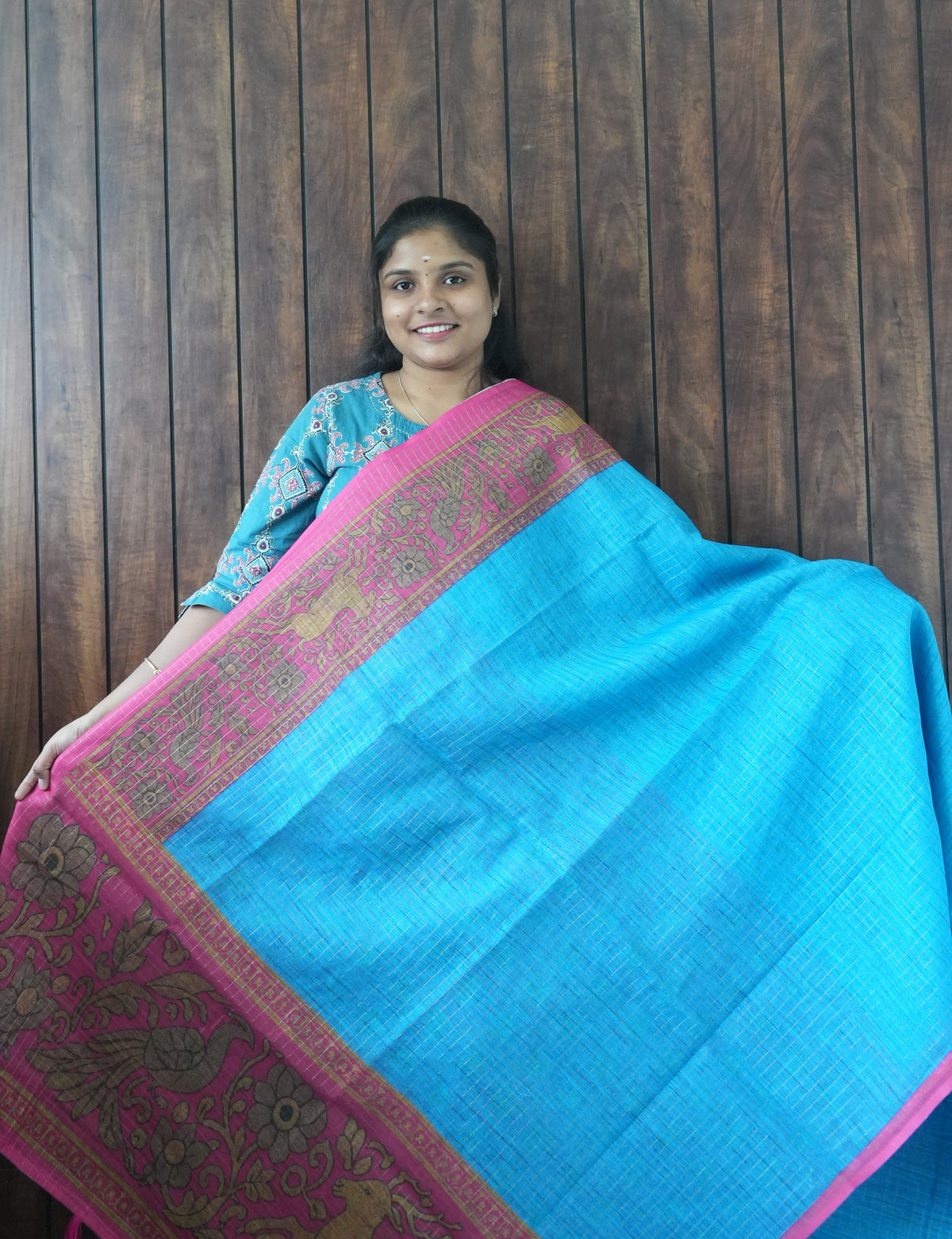 Budget Friendly Saree SLM-BFR-0026 - Turquoise with a pink printed border - front view