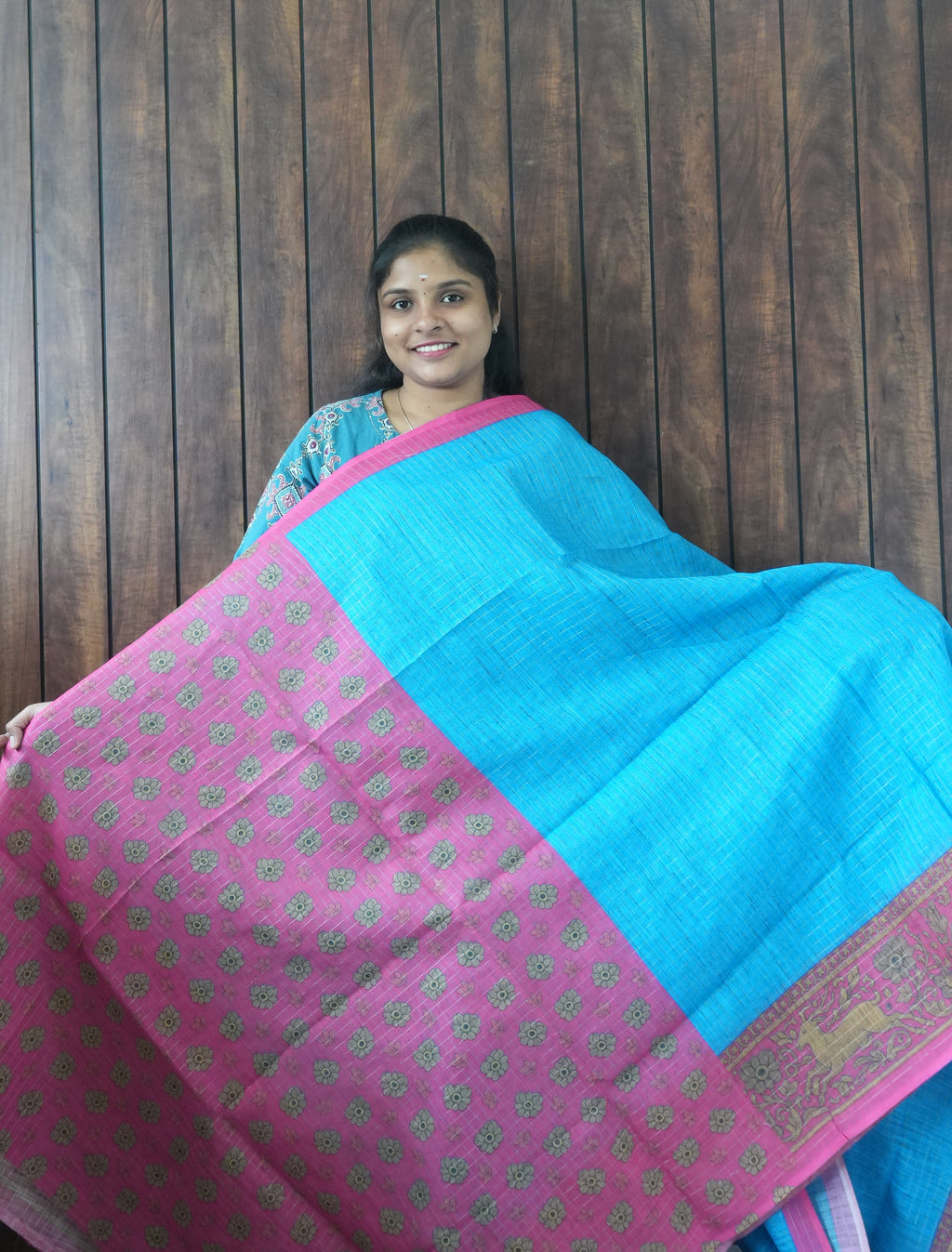 Budget Friendly Saree SLM-BFR-0026 - Turquoise with a pink printed border - second view