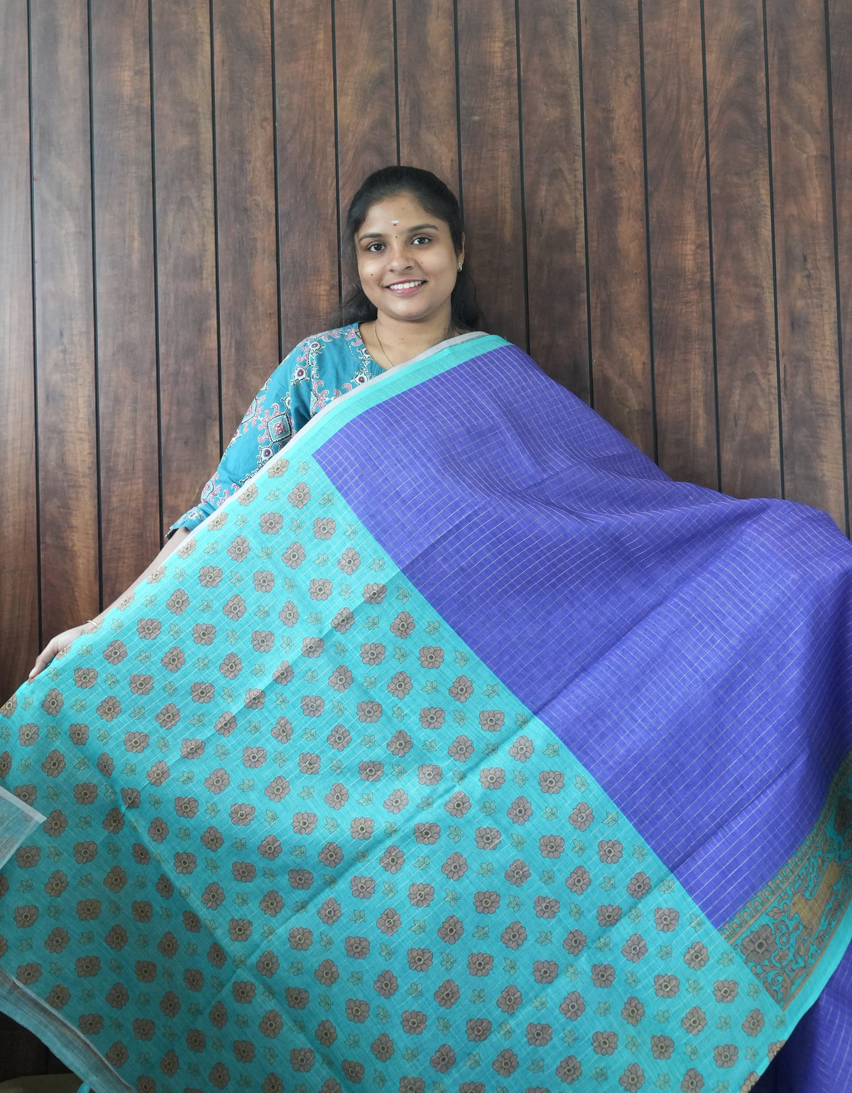 Budget Friendly Saree SLM-BFR-0027 - Violet blue with a teal printed border - second view