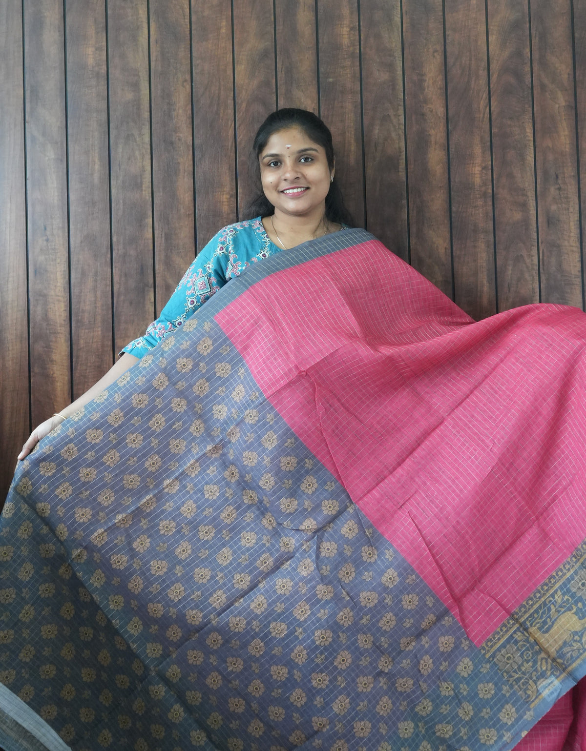 Budget Friendly Saree SLM-BFR-0028 - Coral pink with a navy printed border - second view