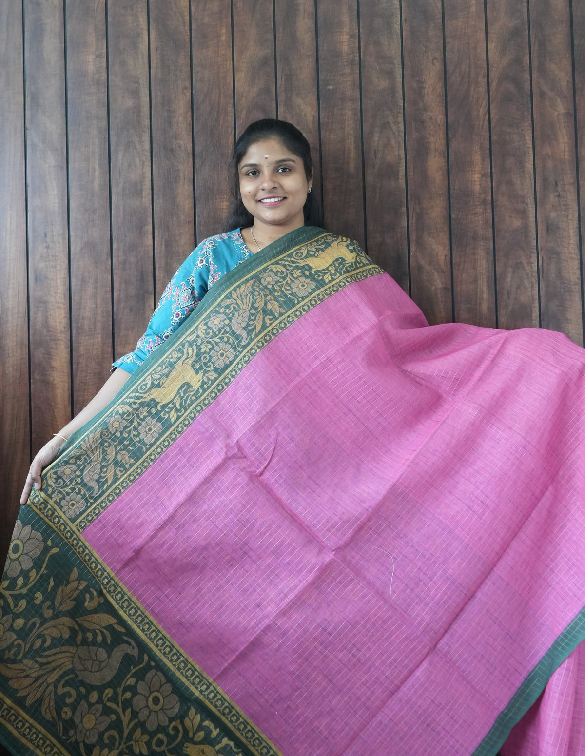 Budget Friendly Saree SLM-BFR-0029 - Pink with a green printed border - front view