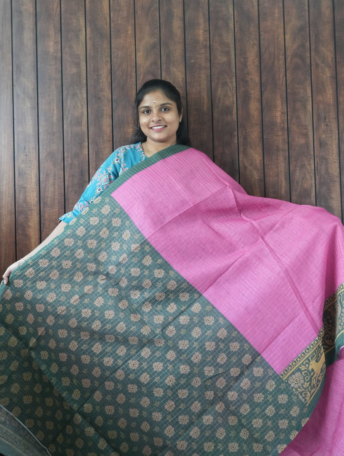 Budget Friendly Saree SLM-BFR-0029 - Pink with a green printed border - second view