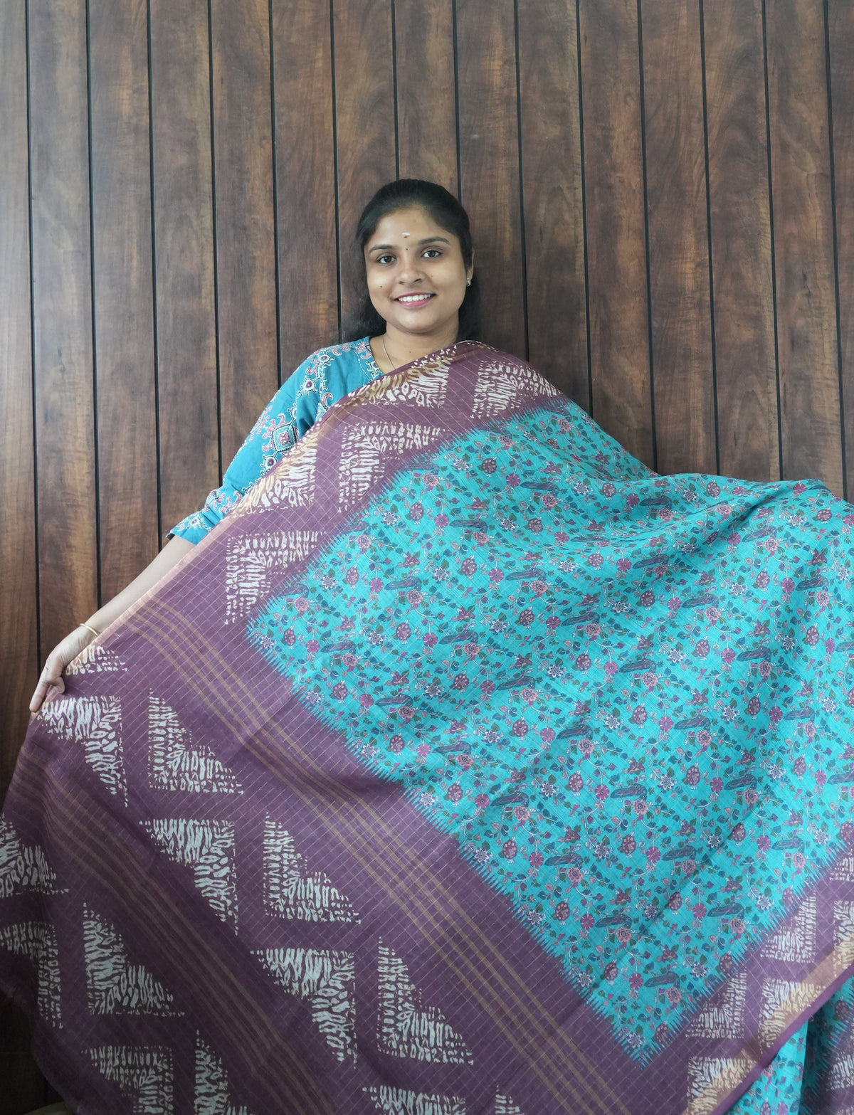 Budget Friendly Saree SLM-BFR-0030 - Turquoise floral print with a purple border - front view