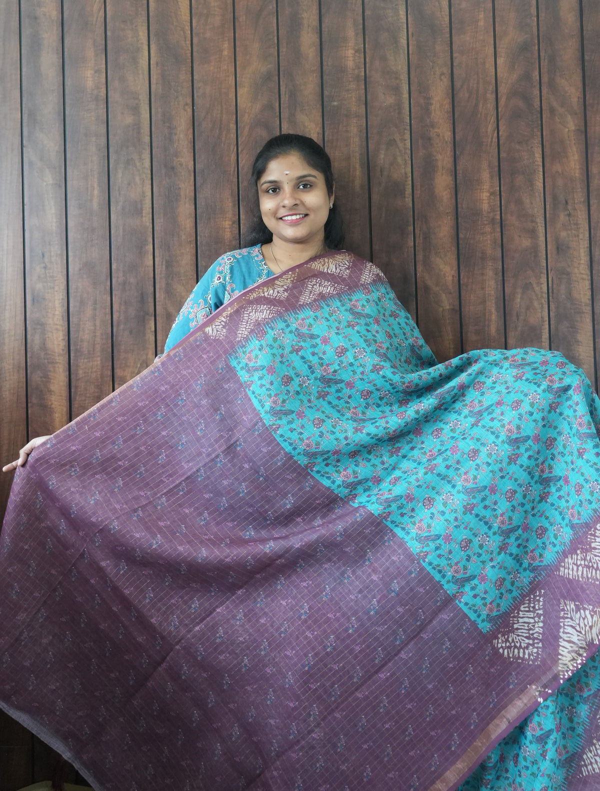 Budget Friendly Saree SLM-BFR-0030 - Turquoise floral print with a purple border - second view