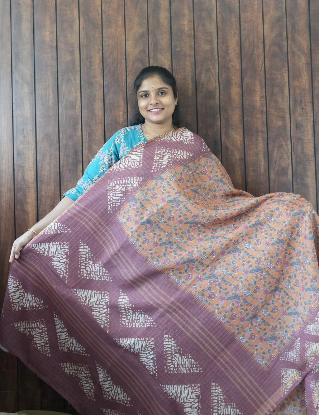 Budget Friendly Saree SLM-BFR-0031 - Peach floral print with a mauve border - front view