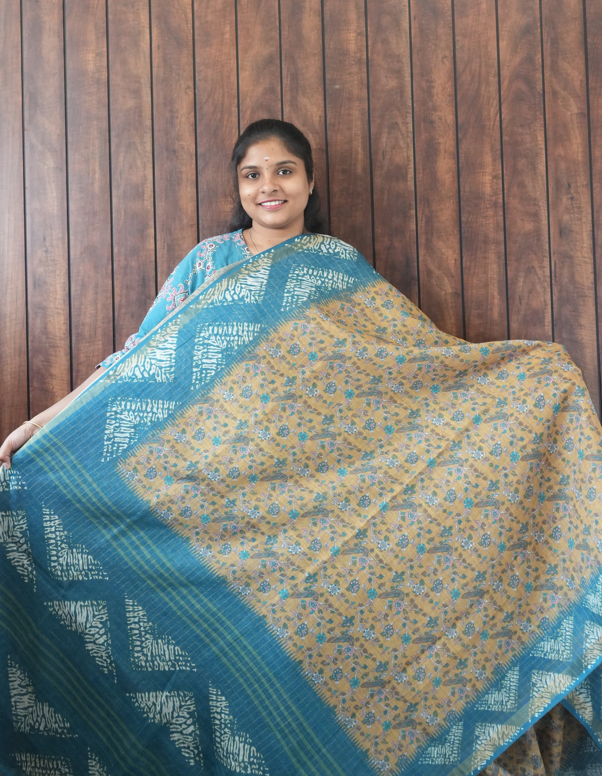 Budget Friendly Saree SLM-BFR-0032 - Mustard floral print with a teal border - front view
