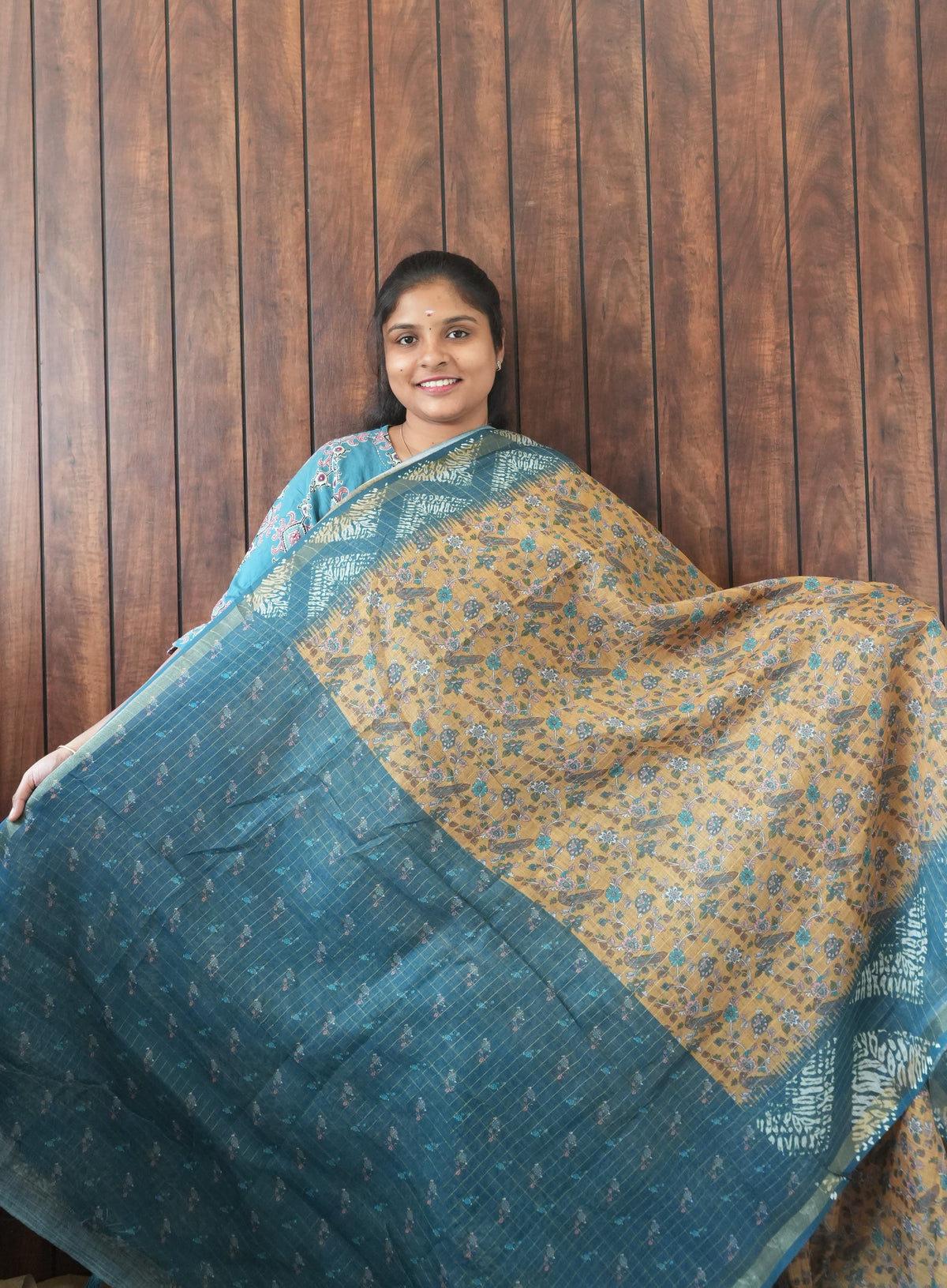 Budget Friendly Saree SLM-BFR-0032 - Mustard floral print with a teal border - second view