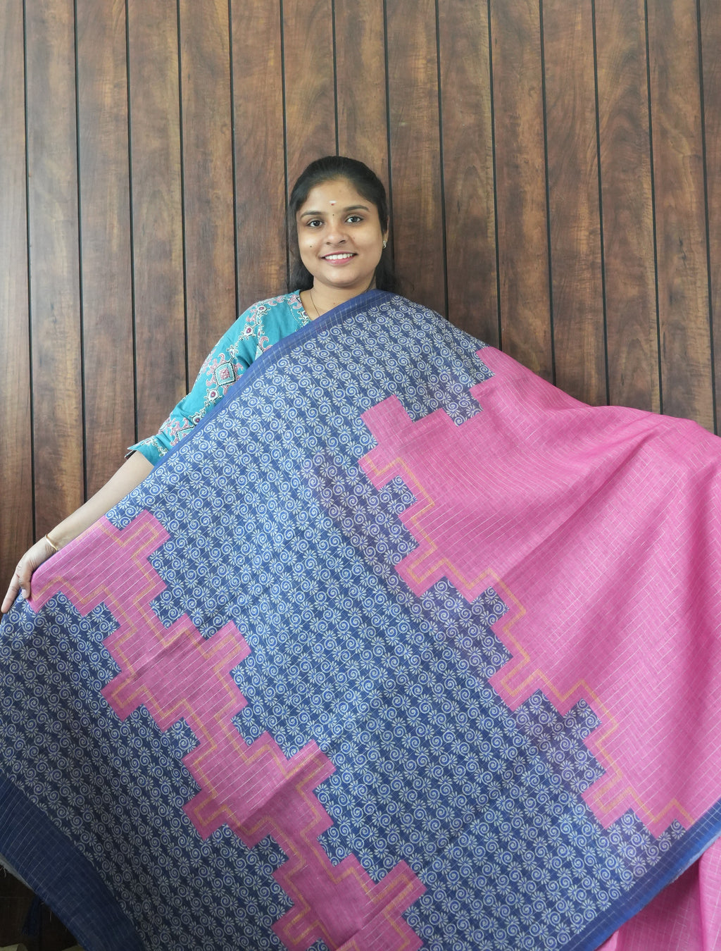 Budget Friendly Saree SLM-BFR-0033 - Pink with a navy patterned body - front view
