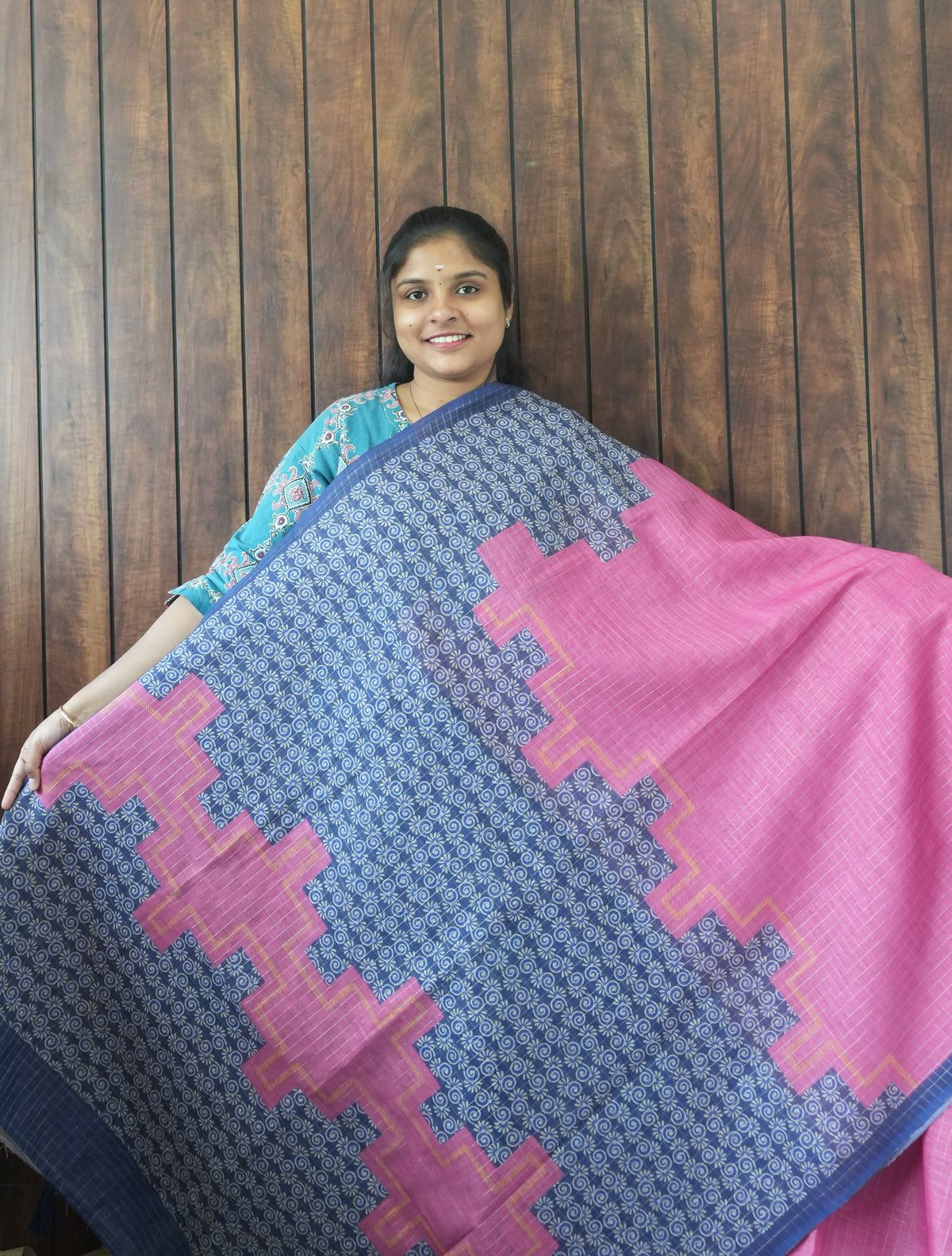 Budget Friendly Saree SLM-BFR-0033 - Pink with a navy patterned body - front view