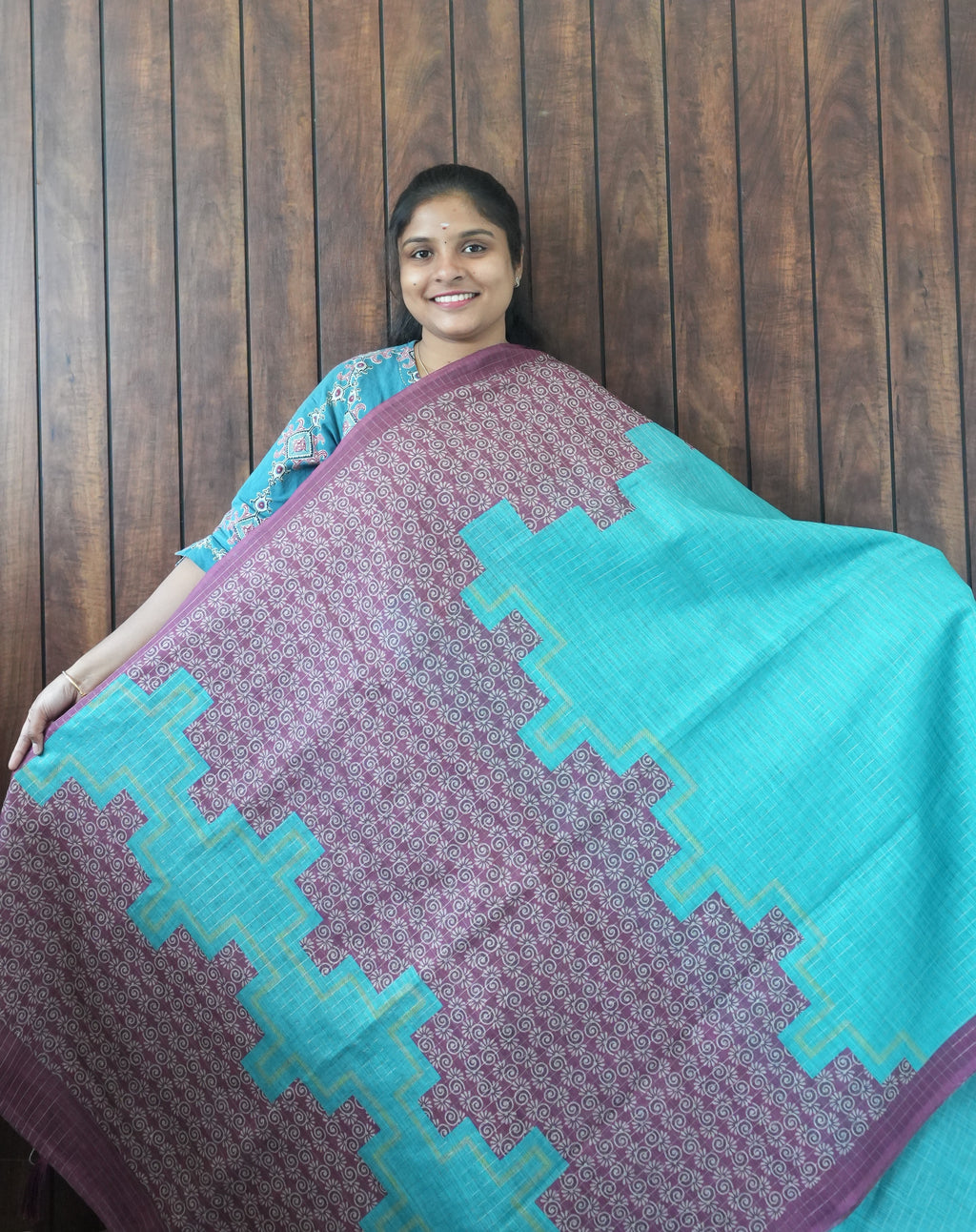Budget Friendly Saree SLM-BFR-0034 - Turquoise with a purple patterned body - front view