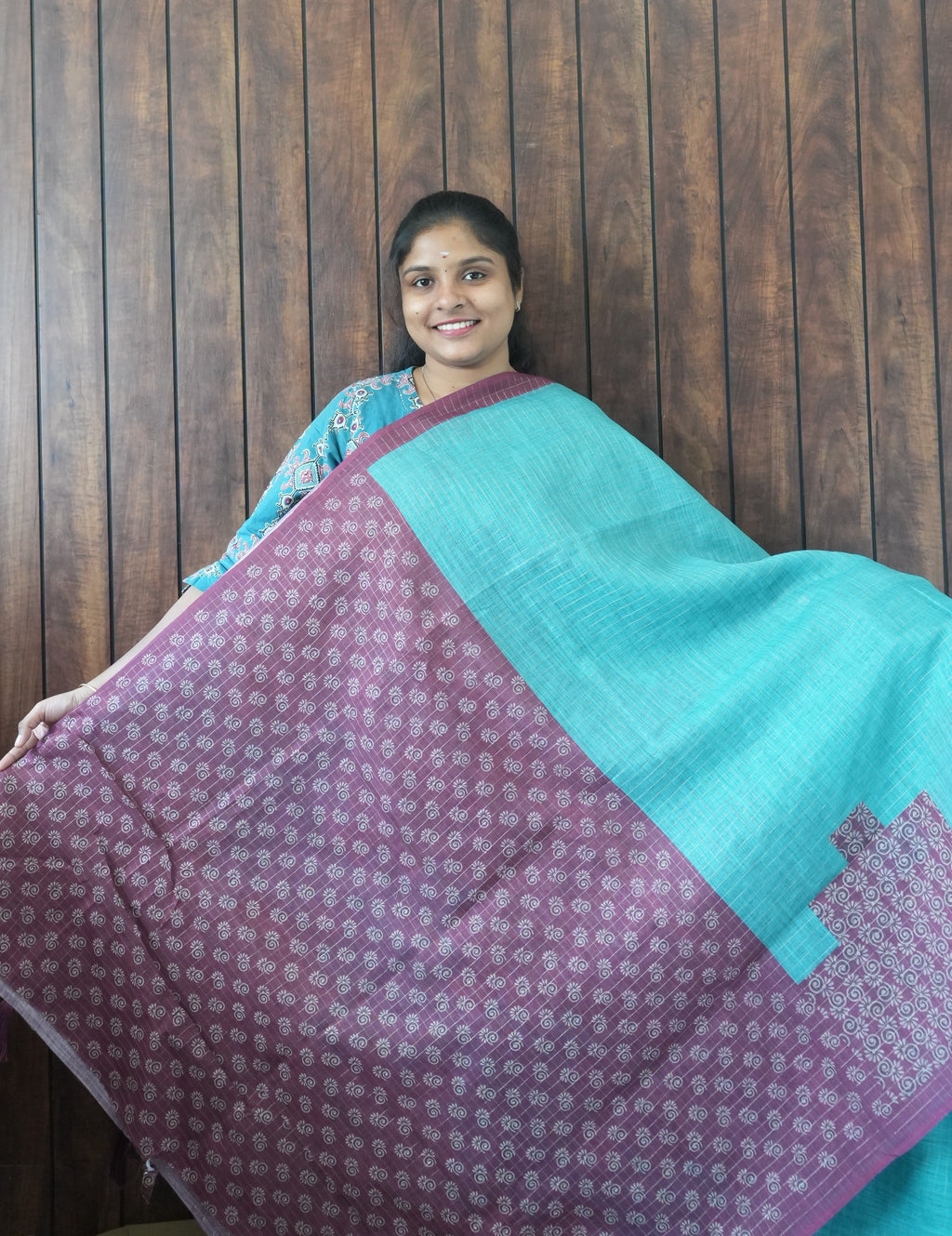 Budget Friendly Saree SLM-BFR-0034 - Turquoise with a purple patterned body - second view