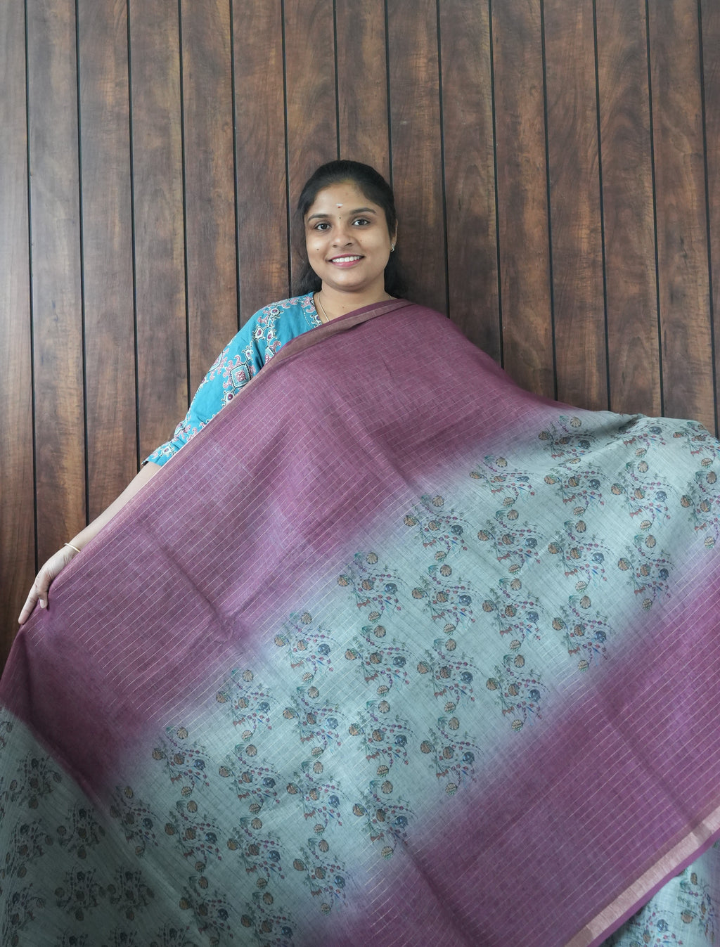 Budget Friendly Saree SLM-BFR-0035 - Ice blue floral print with a plum border - front view