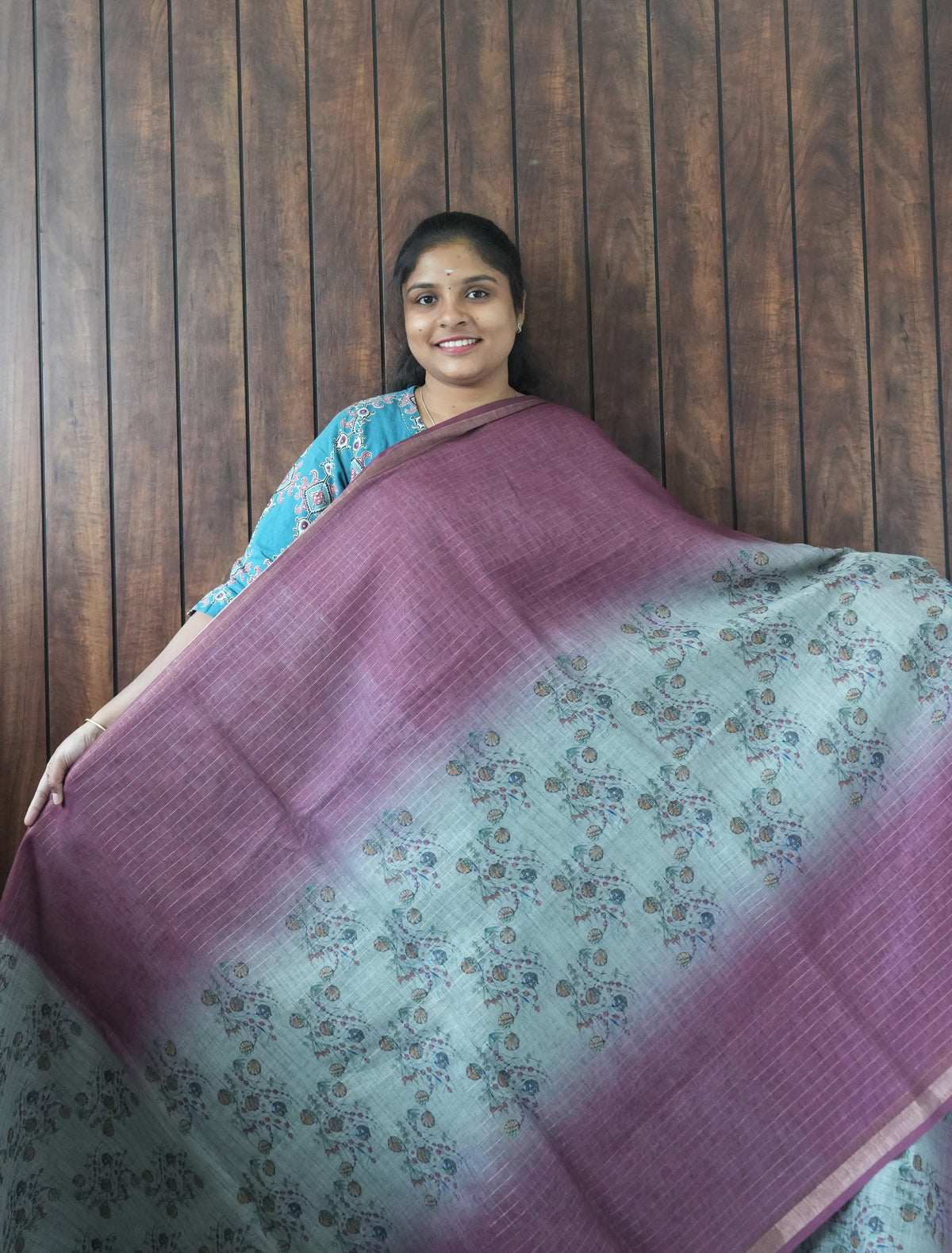 Budget Friendly Saree SLM-BFR-0035 - Ice blue floral print with a plum border - front view