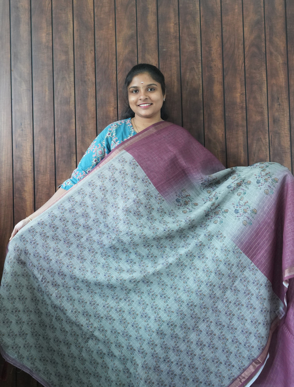Budget Friendly Saree SLM-BFR-0035 - Ice blue floral print with a plum border - second view
