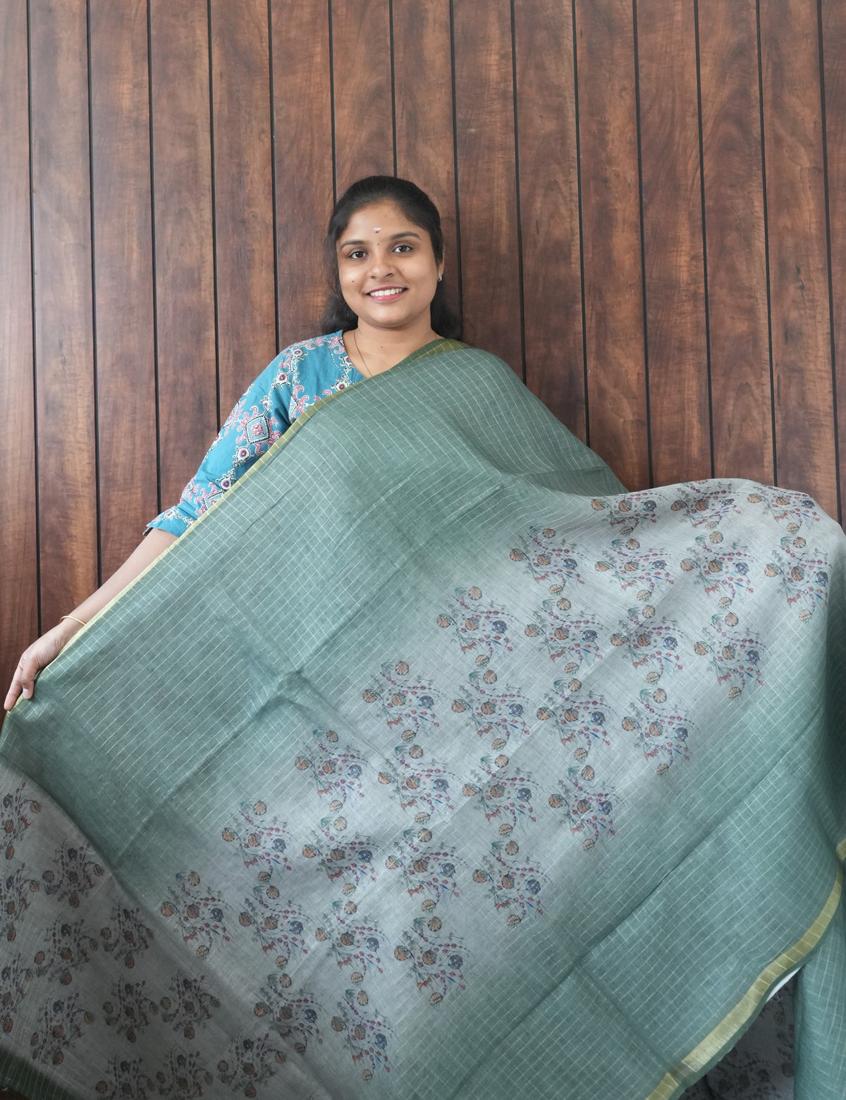 Budget Friendly Saree SLM-BFR-0036 - Sage green floral print - front view