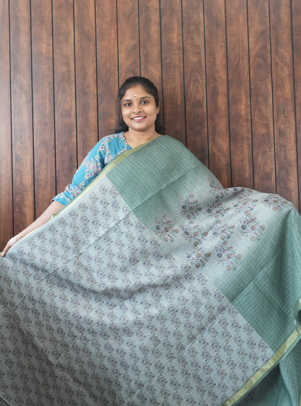 Budget Friendly Saree SLM-BFR-0036 - Sage green floral print - second view