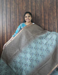 Budget Friendly Saree SLM-BFR-0037 - Ice blue floral print with a brown border - front view