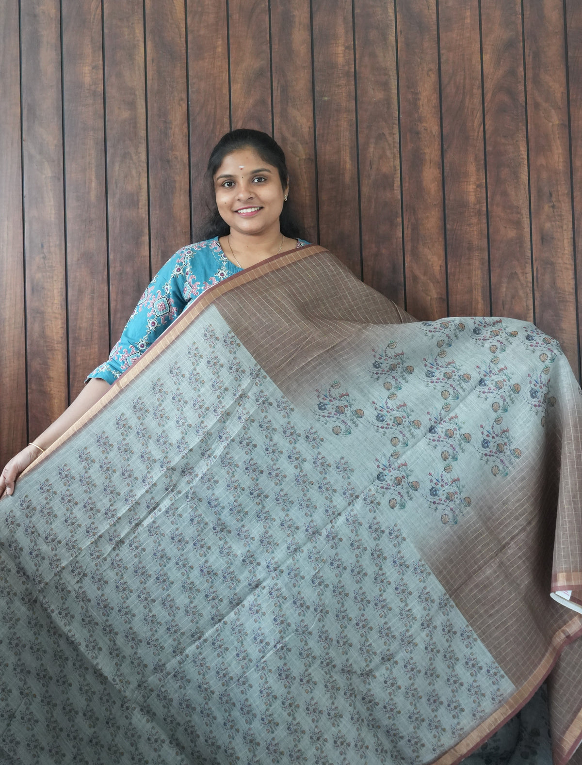 Budget Friendly Saree SLM-BFR-0037 - Ice blue floral print with a brown border - second view