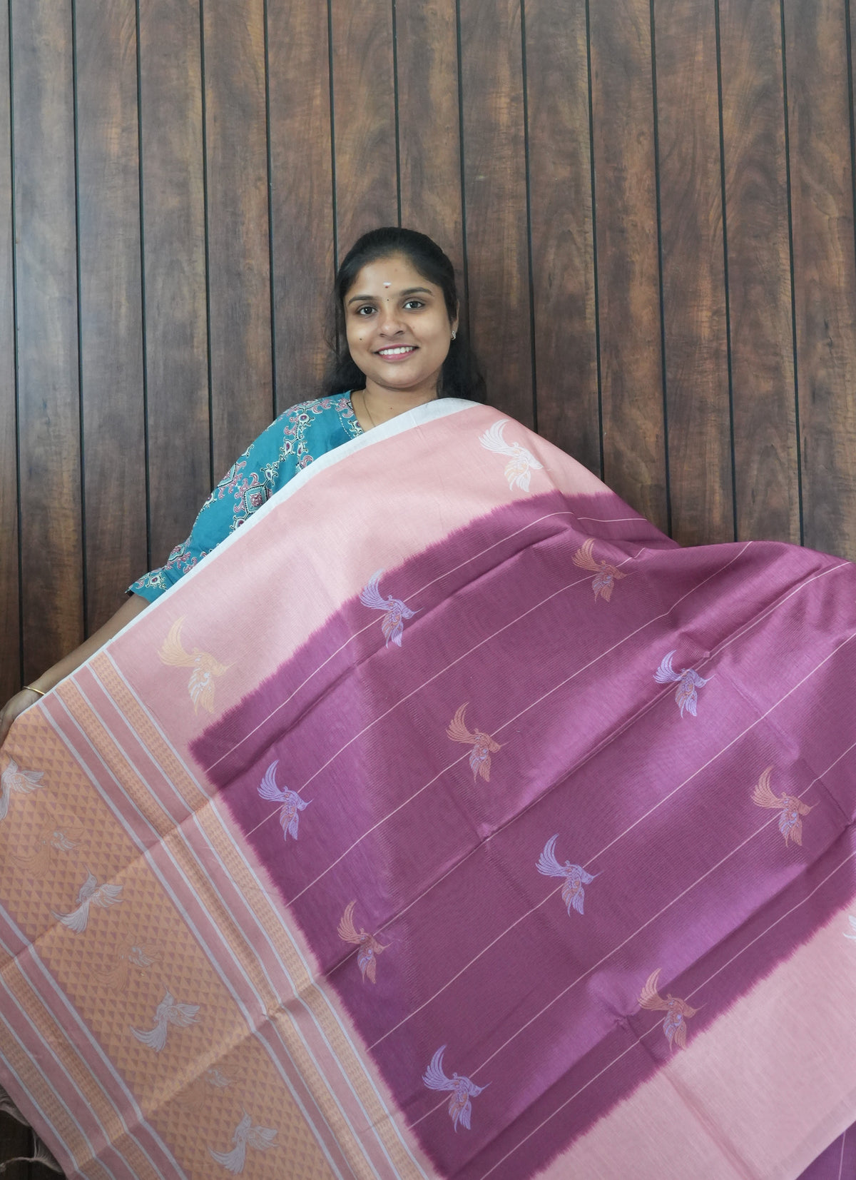 Budget Friendly Saree SLM-BFR-0039 - Magenta with bird motifs and a pink border - front view