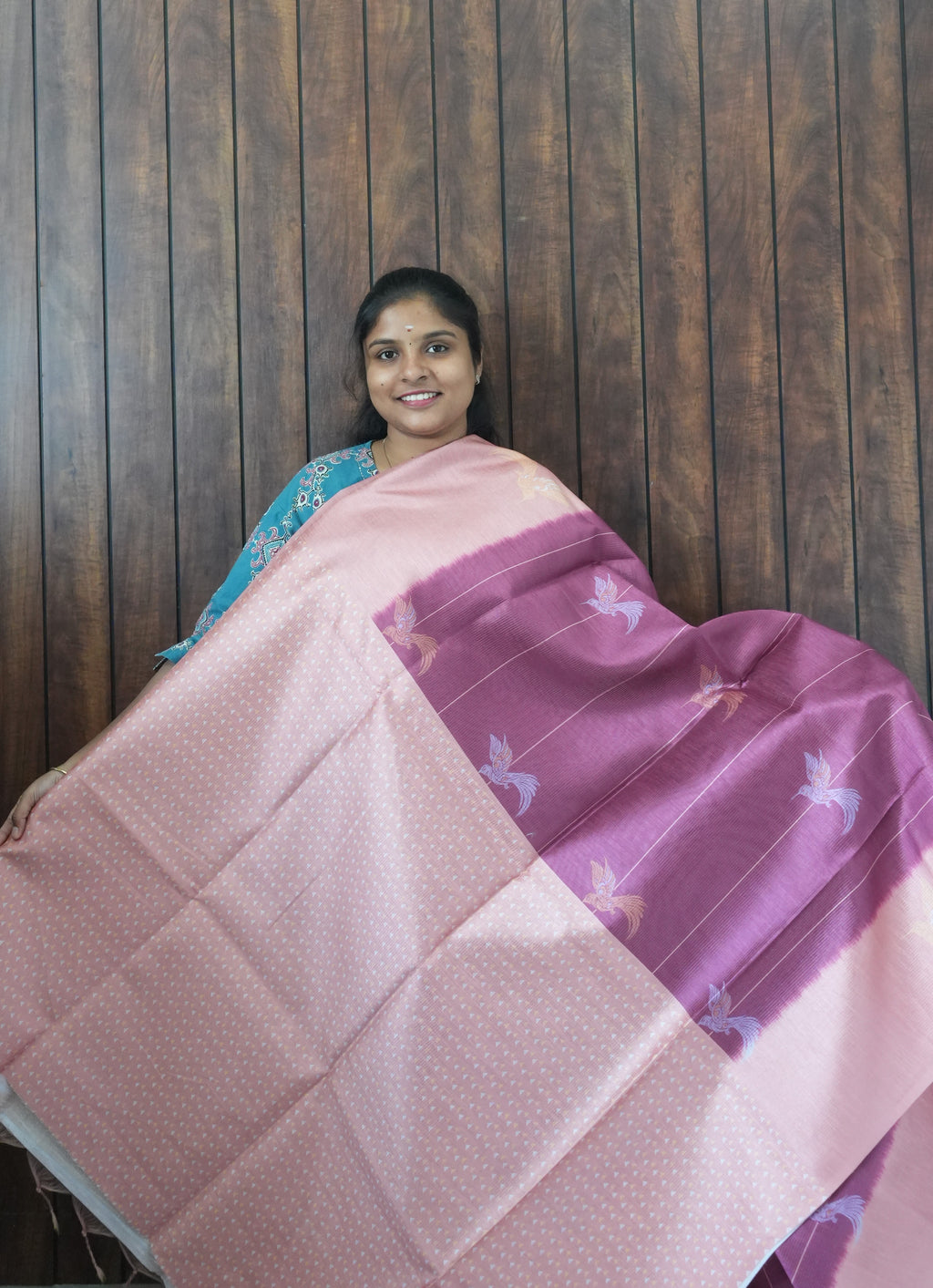Budget Friendly Saree SLM-BFR-0039 - Magenta with bird motifs and a pink border - second view