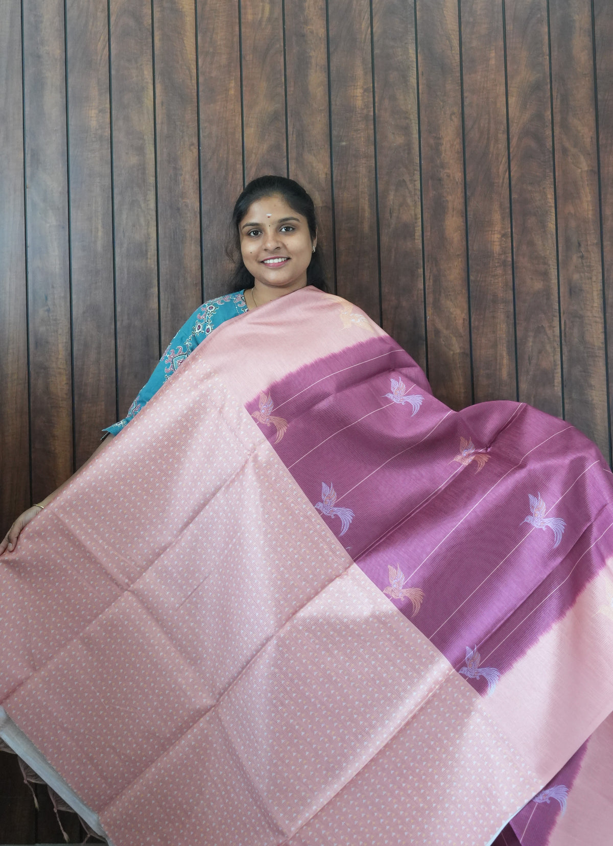 Budget Friendly Saree SLM-BFR-0039 - Magenta with bird motifs and a pink border - second view