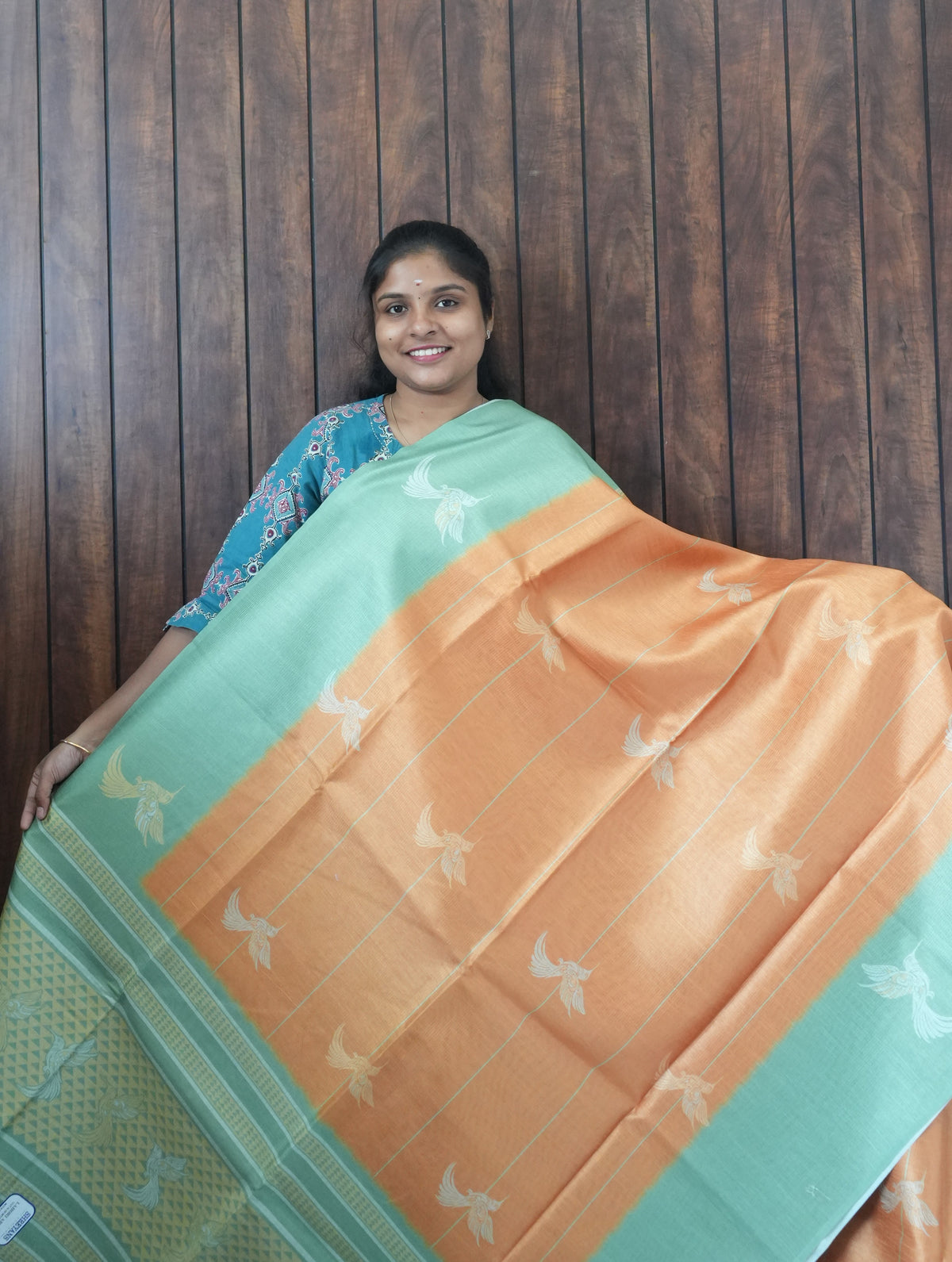 Budget Friendly Saree SLM-BFR-0040 - Orange with bird motifs and a mint border - front view